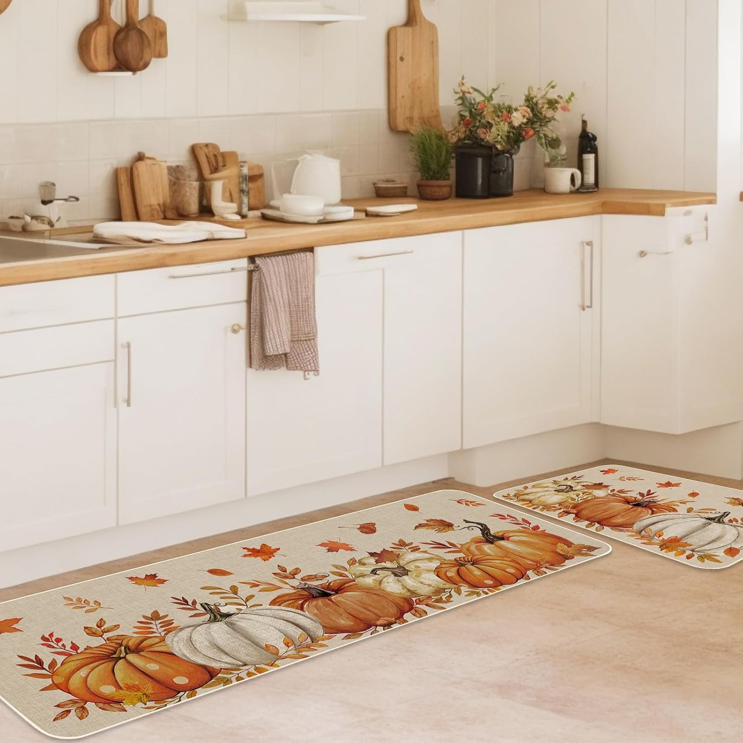FYSUIMU 2Pcs Fall Kitchen Mat White Orange Pumpkin Maple Leaves Welcome Floor Mat Non-Slip Door Rug for Autumn Harvest Thanksgiving Indoor Outdoor Bathroom, 17 x 29 Inch & 17 x 47 Inch