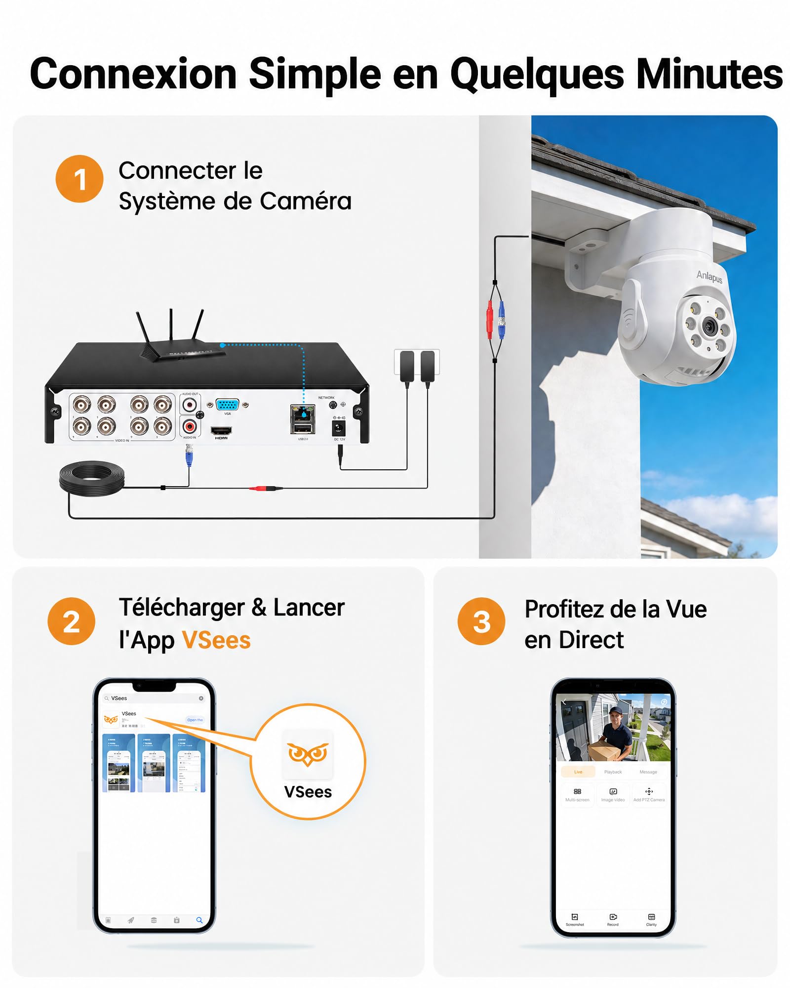 Anlapus 2MP PTZ Kit Caméra Surveillance avec Fil Extérieure DVR 8CH en 5MP | Détection Humain/Véhicule, Caméra Sécurité Rotation 360°, Enregistrement 24/7, Alerte Instantanée via APP gratuite