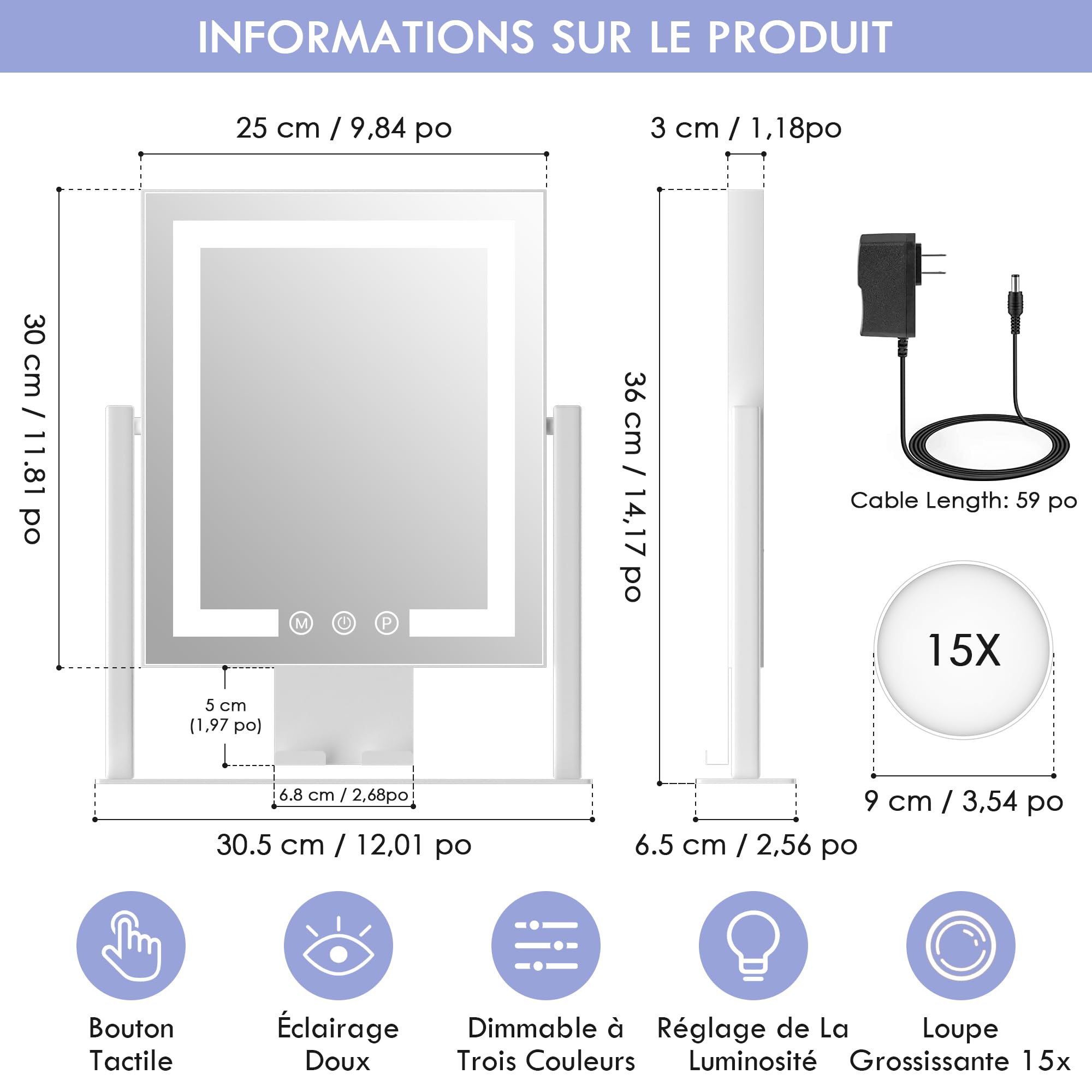 LuxeVue Miroir de Maquillage avec lumières, Miroir de Table 30x36 cm, 3 Modes d’éclairage réglables par capteur Tactile, Miroir grossissant Amovible 15X (Petit miroi Rond), Cadre en métal