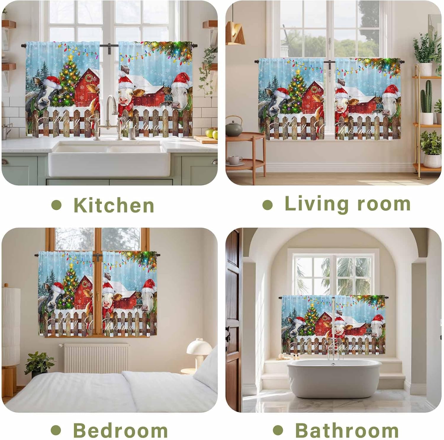 Christmas Cow Kitchen Tier Curtains 45 Inch Long 2 Panel Set,Rod Pocket Short Window Treatment,Farm Xmas Tree Light Balls Snowflake Winter Curtains & Drapes for Bathroom Basement 27.5"W x 45"L