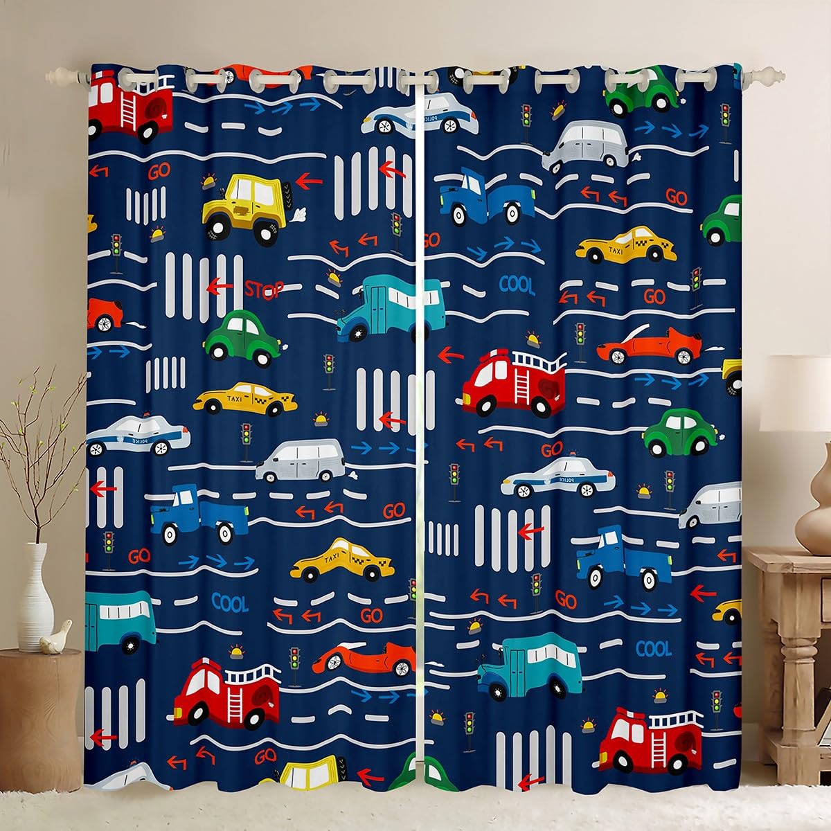 Homemissing Cartoon Car Blackout Curtains(30%-50%) Transport Vehicles Cars Window Curtains Cartoon Fire Truck Window Dreapes for Kids Boys Girls Traffic Light Window Treatments W46*L54