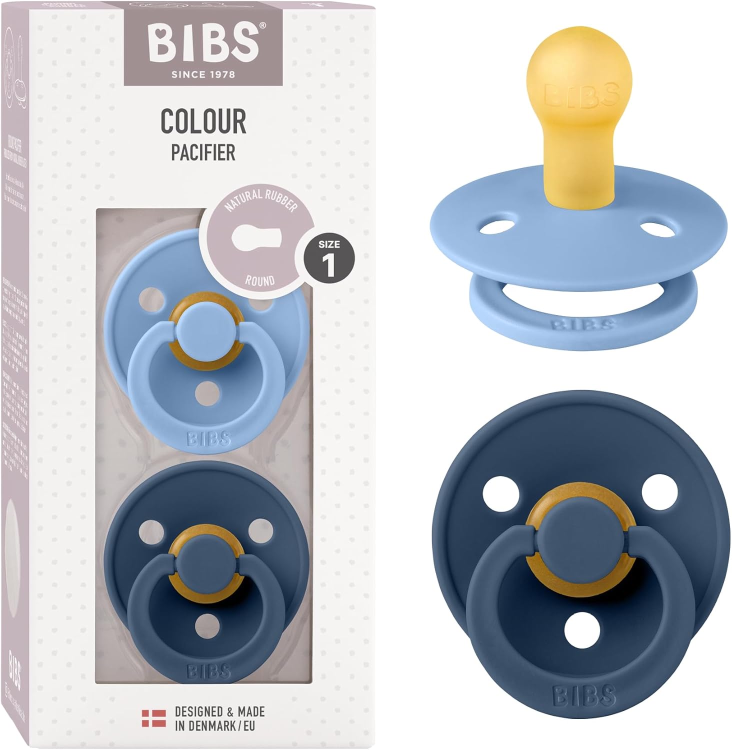 bibs colour pacifier 2-pack | bpa free soother, round nipple. natural rubber latex, sky blue / steel blue size 2 (6-18 month)