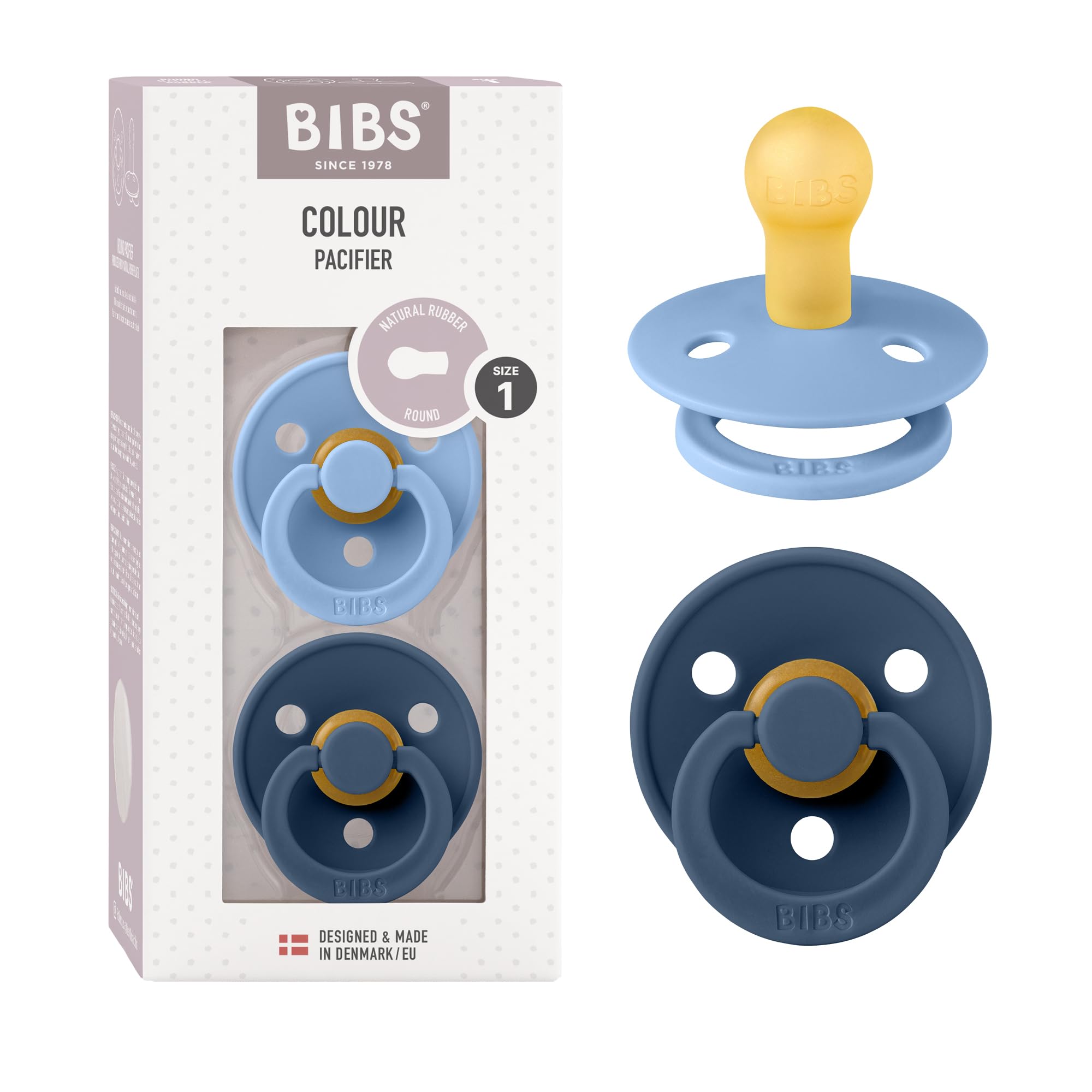 Bibs Pacifiers Color Collection, Set of 2 BPA-Free Latex Pacifiers Made in Europe, Round Nipple Baby Pacifier.