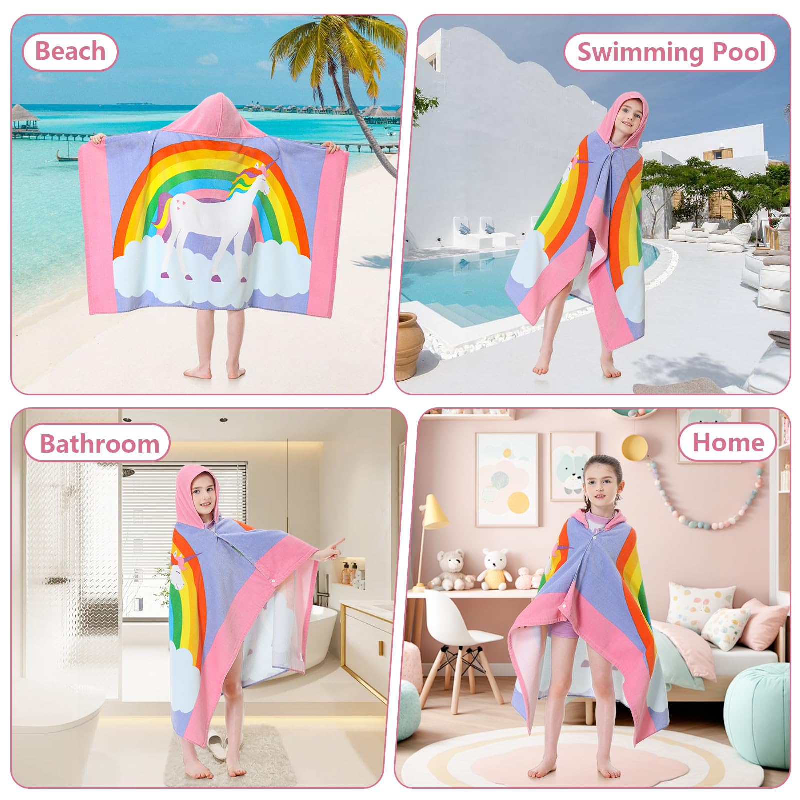 MOKANI Badeponcho Kinder Baumwolle | Super Weich & Saugfähig Handtuch Poncho | 50" x 30" Badetuch Strandponcho Kapuzenhandtuch für Mädchen Jungen Alter 3-12, Rosa