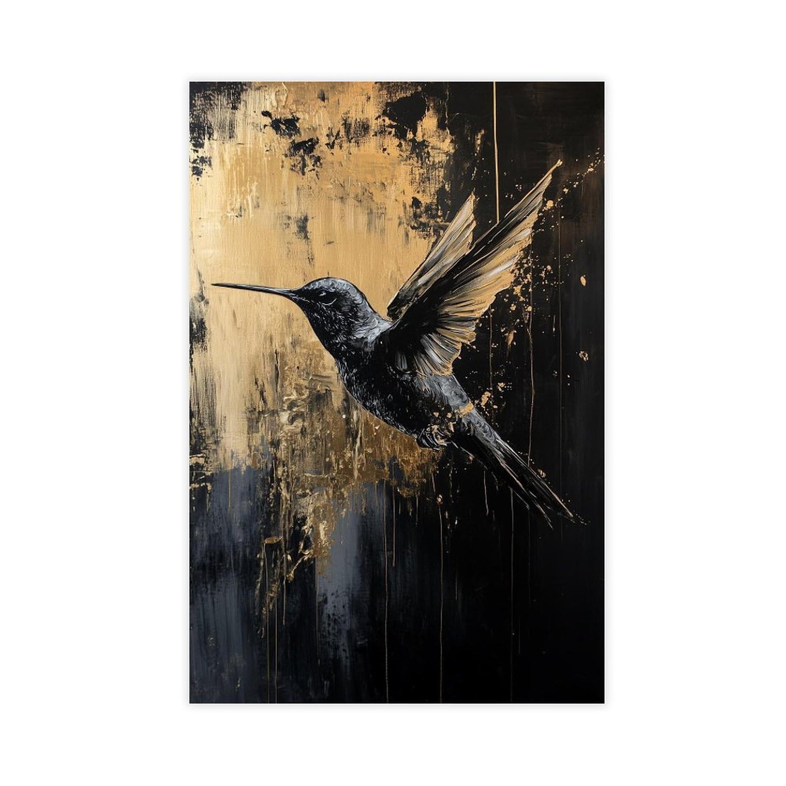 Bareronor Black Gold Abstract Hummingbird Canvas Poster Bedroom Decor Landscape Office Room Decor Gift 12" L X 18" W