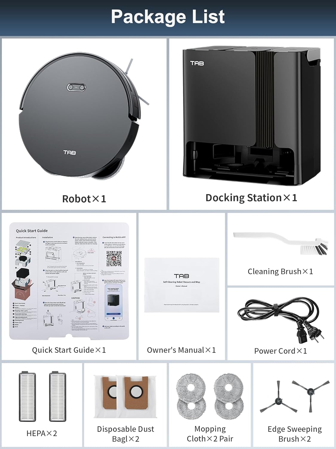 Package contents of TAB Fairy10 including robot, docking station, brushes, filters, and manuals.