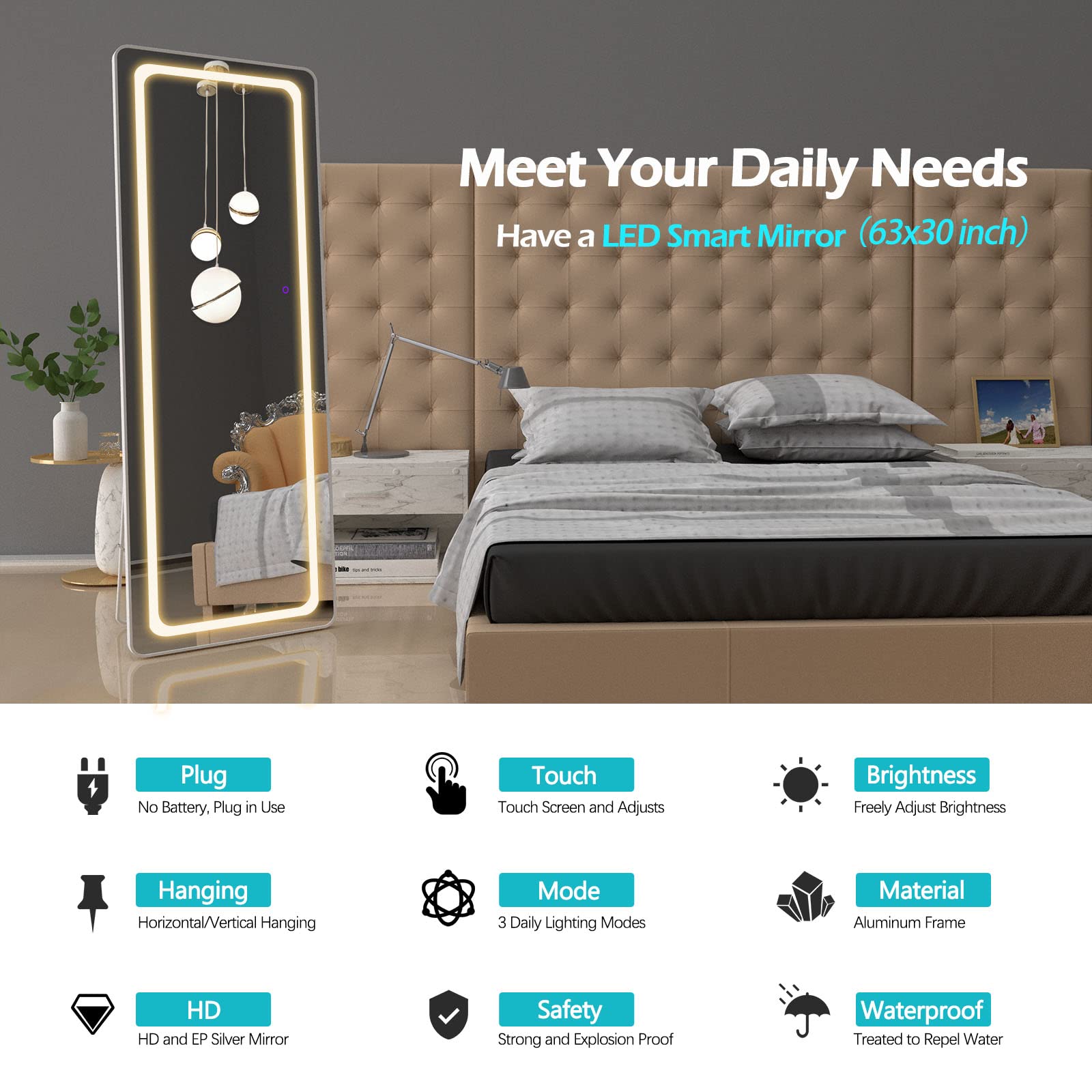 Buy Full Length Mirror Lighted 63"x22", LED Free Standing Floor Mirror