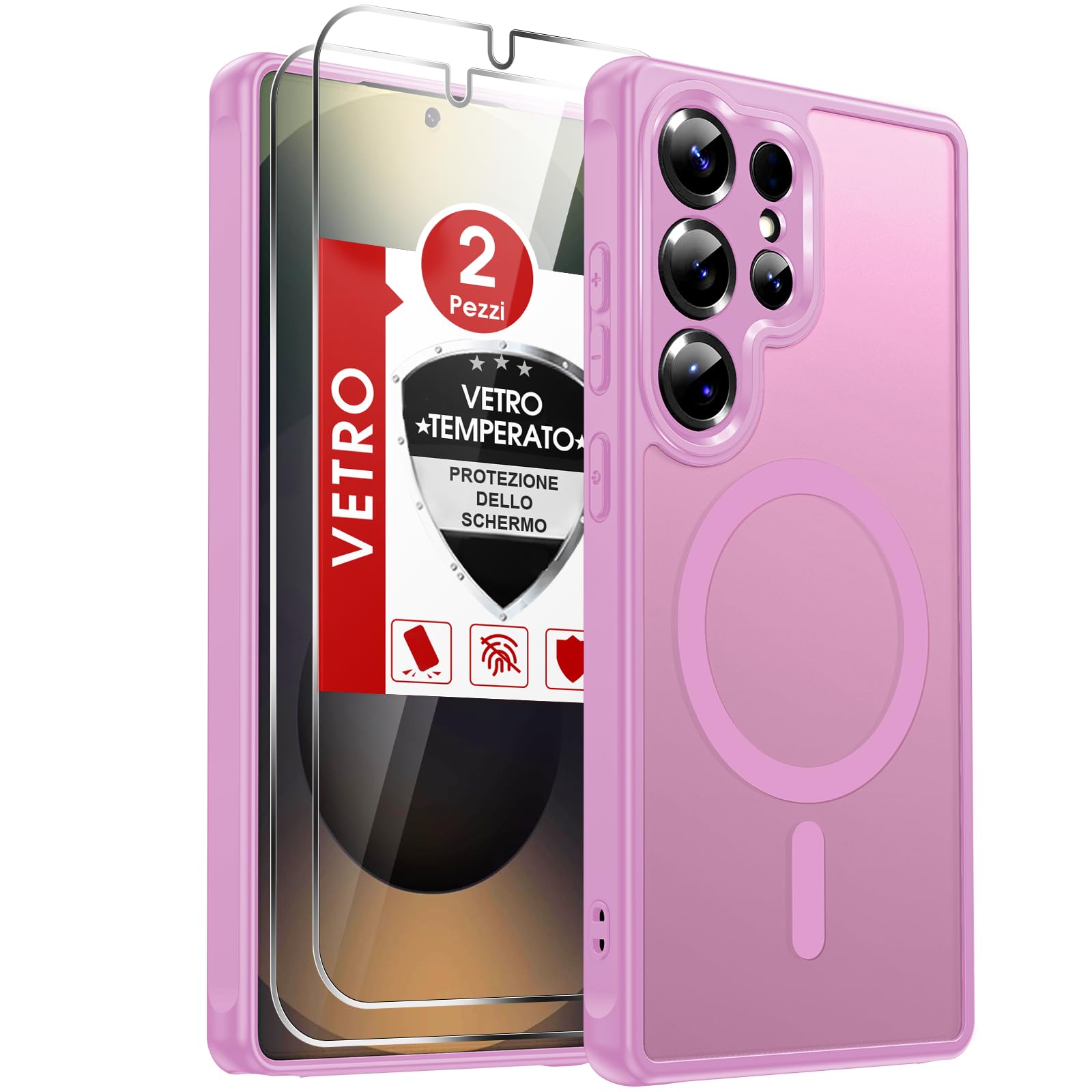 LeYi Cover Magnetica per Samsung S25 Ultra 5G con 2 x Vetro Temperato, Custodia per Galaxy S25Ultra Traslucida Opaca Anti-Impronte Resistente ai Graffi Paraurti in TPU Antiurto Protettiva Case, Rosa