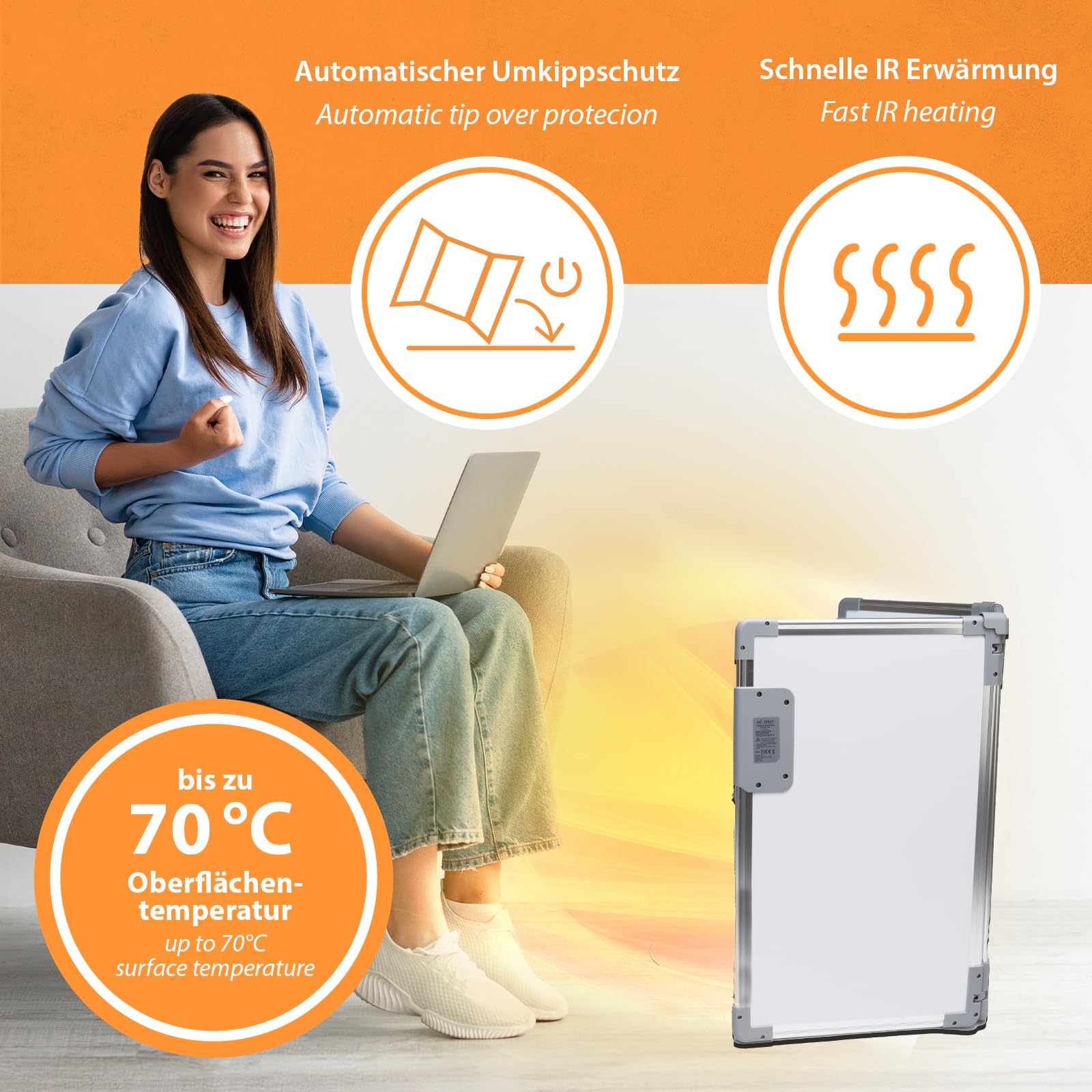 Mi-Heat Składany aluminiowy panel grzewczy, 53 x 108 cm, ogrzewanie na podczerwień 350 W do 80°C, ścianka grzewcza do biura, domu, biura, miejsca pracy, kasy, recepcji