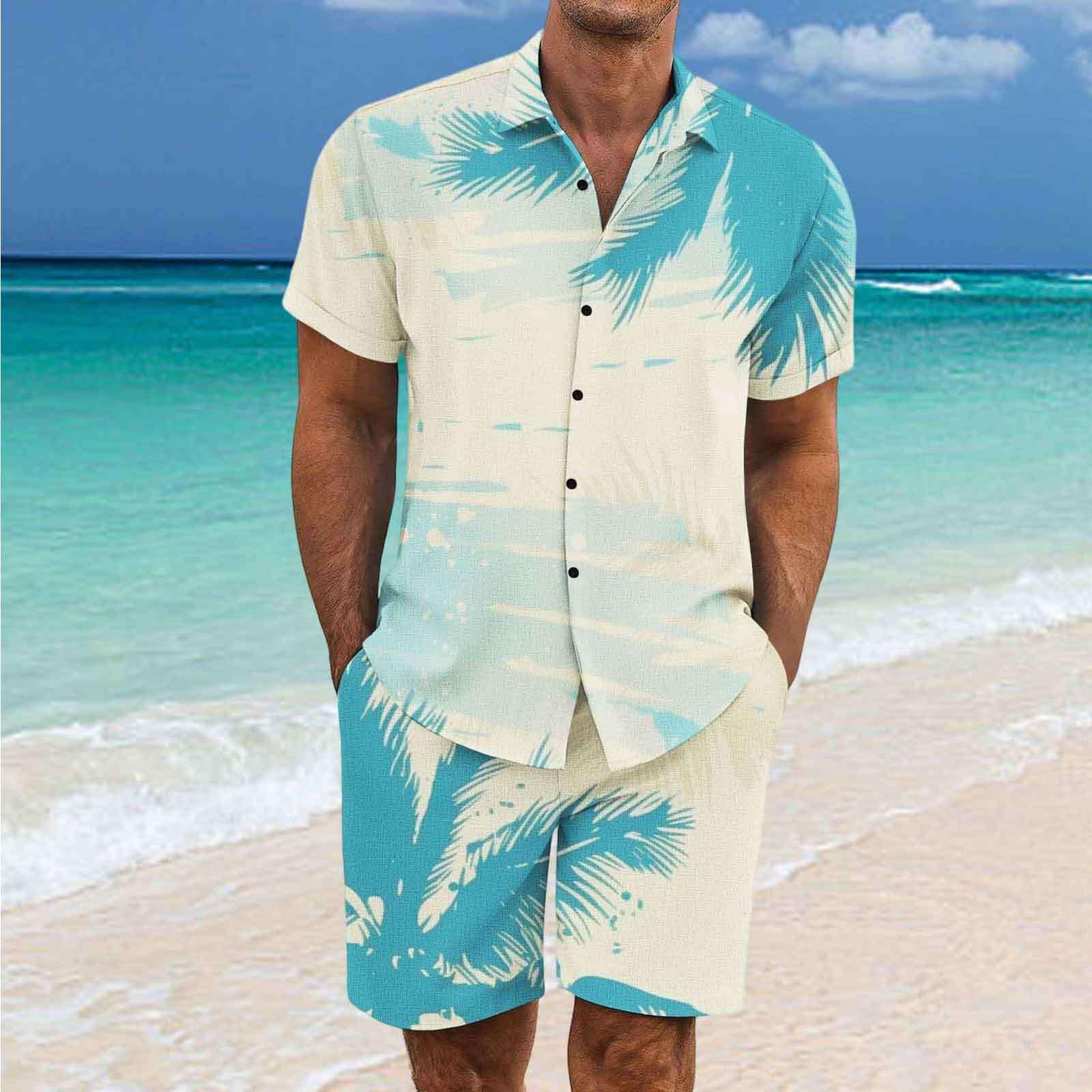 Tuta Completo Uomo da Viaggio Estivo 2 Pezzi - Set Camicia e Short Hawaiano Stampa Abbigliamento Leggero Tuta Sportivo Estiva Elegante Traspirante per Vacanze e Tempo