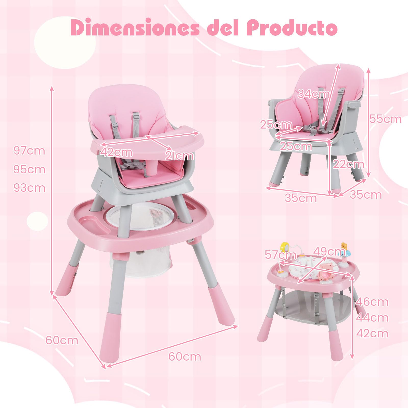 COSTWAY Trona Evolutiva Bebé 16 en 1, Trona Bebé con 3 Alturas Ajustables, Asiento Giratorio 360°, Bandeja con 3 Opciones y Mesa de Doble Cara, Silla de Comer para 6-36 Meses (Rosa)