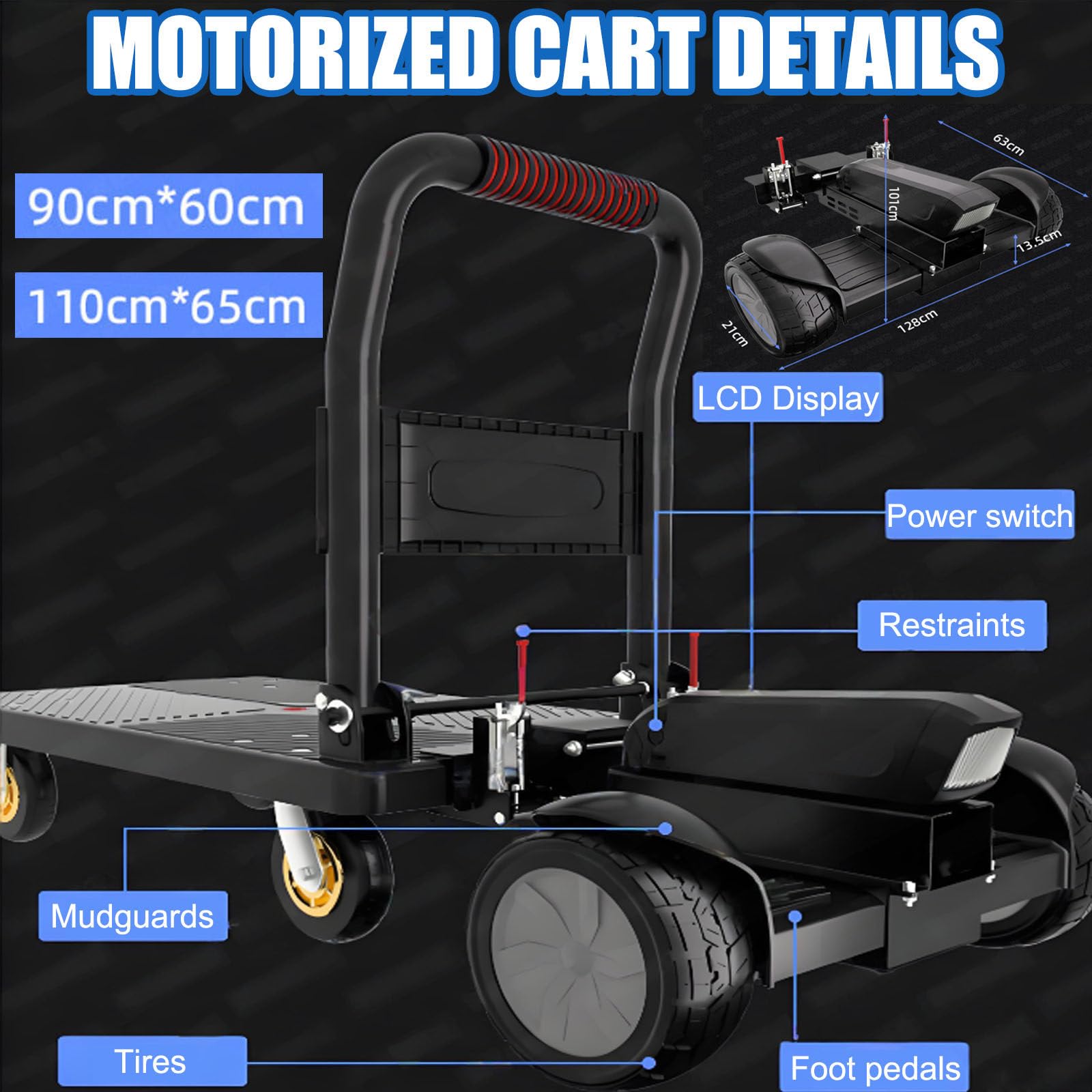 Carrello A Piattaforma Elettrico 2026, Transpallet Elettrico, Ruote da 8" per Tutti I Terreni, Portata 300 kg, Autonomia di 35 Km, Carrello A Pianale Pieghevole Motorizzato 90 * 60cm