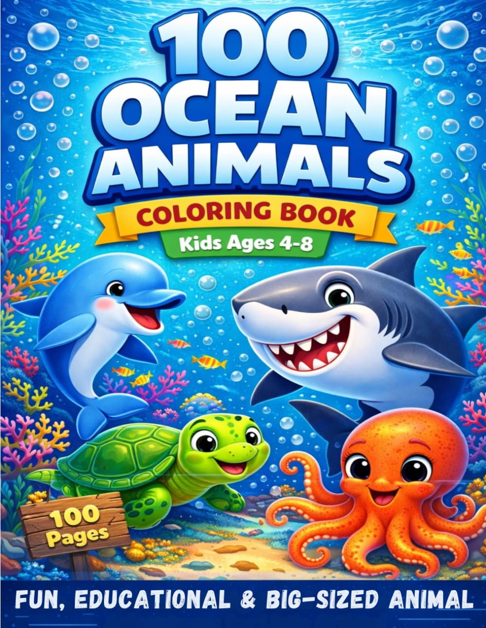 100 Ocean animals coloring book Kids Ages 4–8 Fun, Educational & Big-Sized Animal: Dive Into 100 Cute Sea Animals