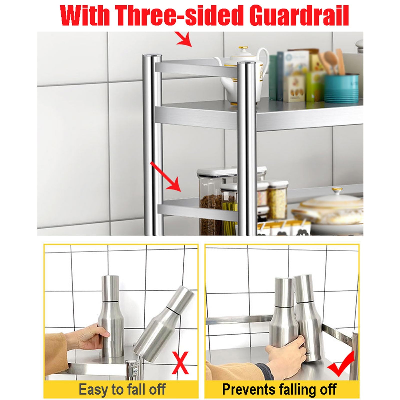 Carrello da cucina a 3 ripiani in acciaio inox, con ruote, scaffale multiuso con guardrail, altezza 100 cm, grande carrello portaoggetti per uso domestico o ristorante