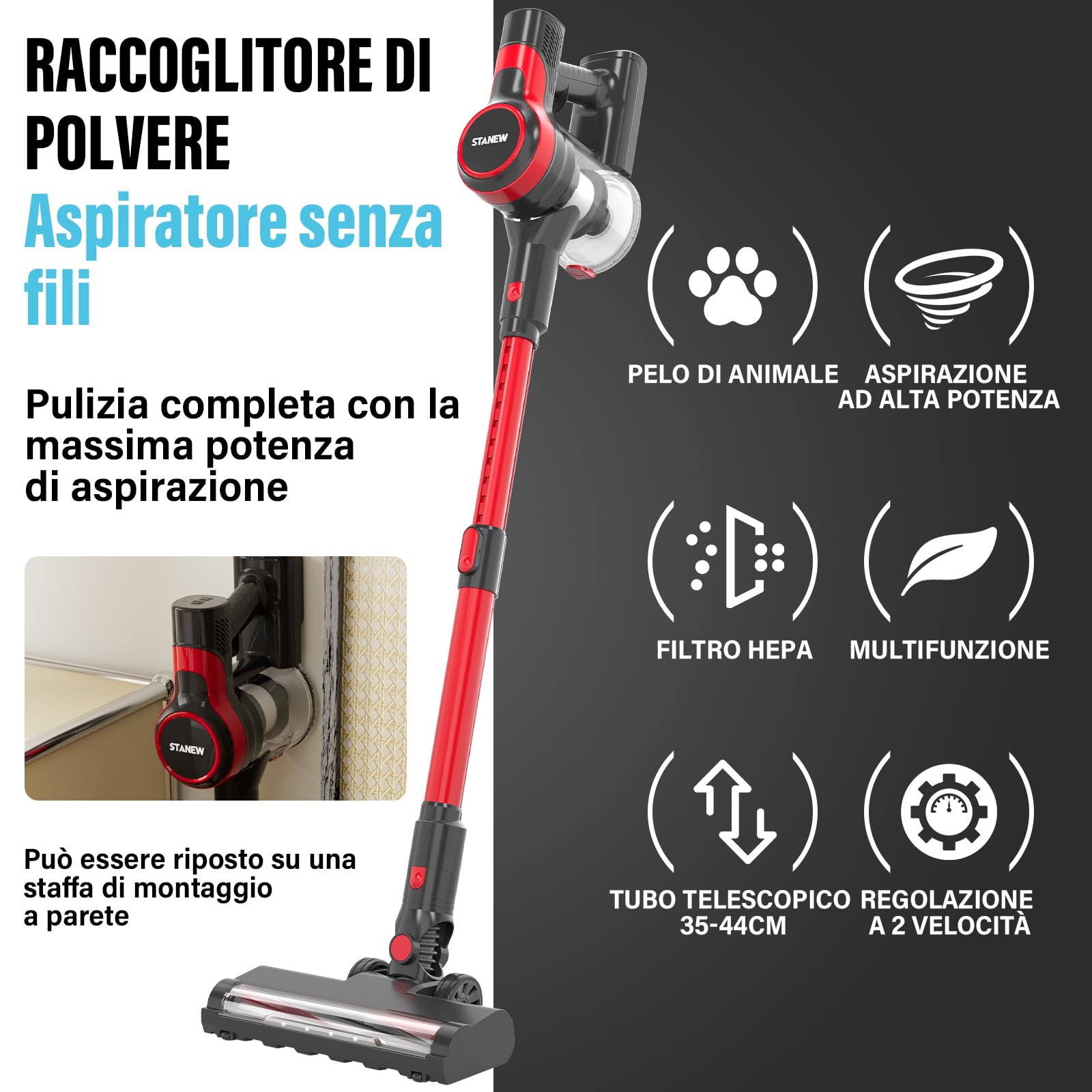 Stanew Aspirapolvere Senza Fili, 22.2v 150w/12KPa Scopa Elettrica Senza Fili con Della Multifunzione 4 in 1, Aspirapolvere Portabile Ultra-leggero,Aut