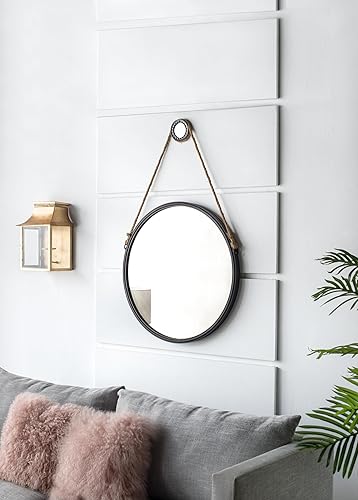 Miniatura 4 de Espejo redondo colgante de 29.5 pulgadas con marco negro y correa de cuerda, decoración industrial contemporánea para baño, dormitorio o espacio de