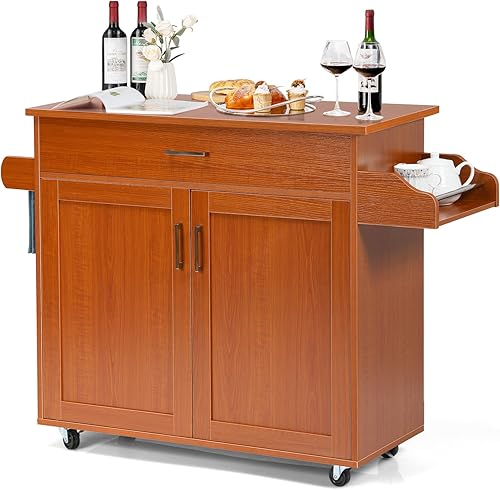COSTWAY Carrito de isla de cocina, carrito de almacenamiento rodante con ruedas de goma bloqueables, gabinete grande, cajón, estante de especias y