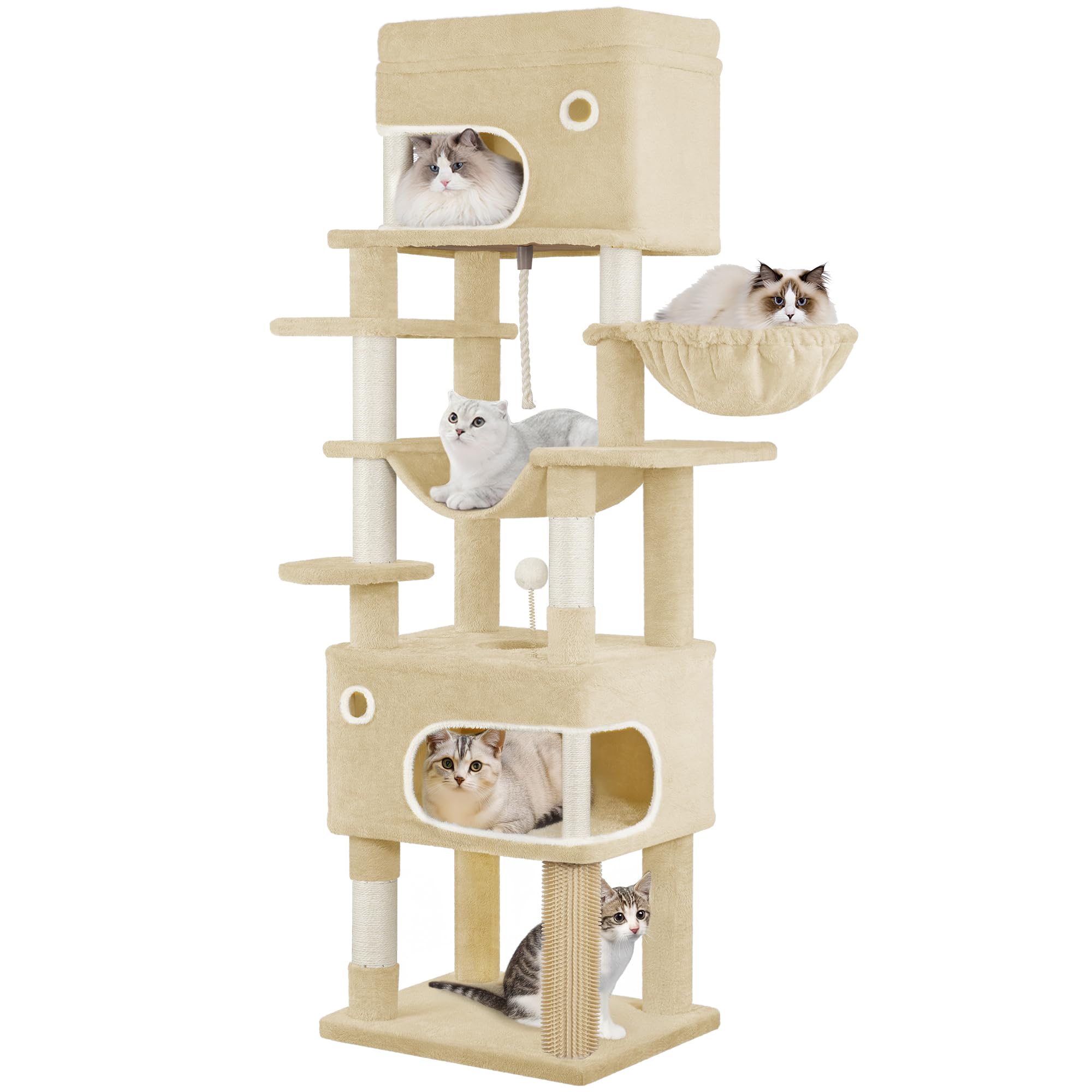 Hzuaneri 178 cm Cat Tree for Indoor Cats, Multi-layer Scratching Post with Large Platform, 2 Caves, 7 Sisal Posts, Pompoms, Cat Basket, Hammock, Suitable for Cats, Beige MS17818YL โ image 1