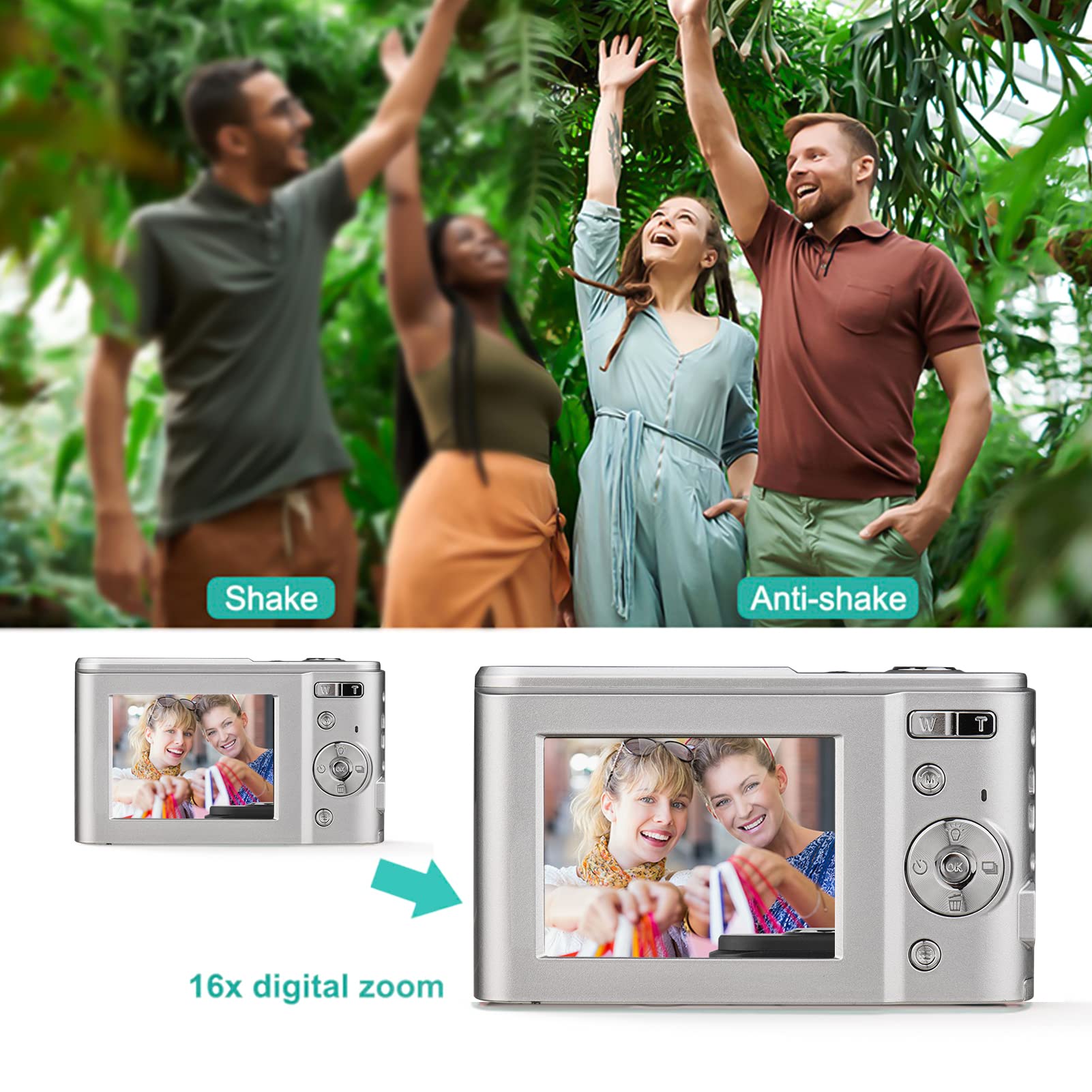 Andoer Przenośny aparat cyfrowy 48 MP 1080p 2,4" IPS 16X zoom 16X samowyzwalacz autofokusowy 128 GB rozszerzona pamięć wykrywanie twarzy zapobiegający wstrząsom z 2 bateriami Pasek do noszenia