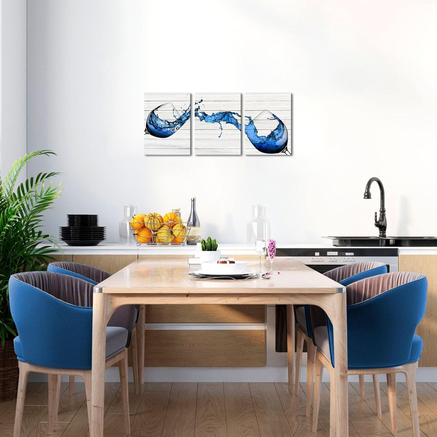 Biuteawal 3 Panel Blue Wine Wall Art Kitchen Wall Decor Cool Flowing Wine on Wooden Background Picture Painting on Canvas Food Artwork Prints Modern Home Dining Room Restaurant Bar Decoration Framed