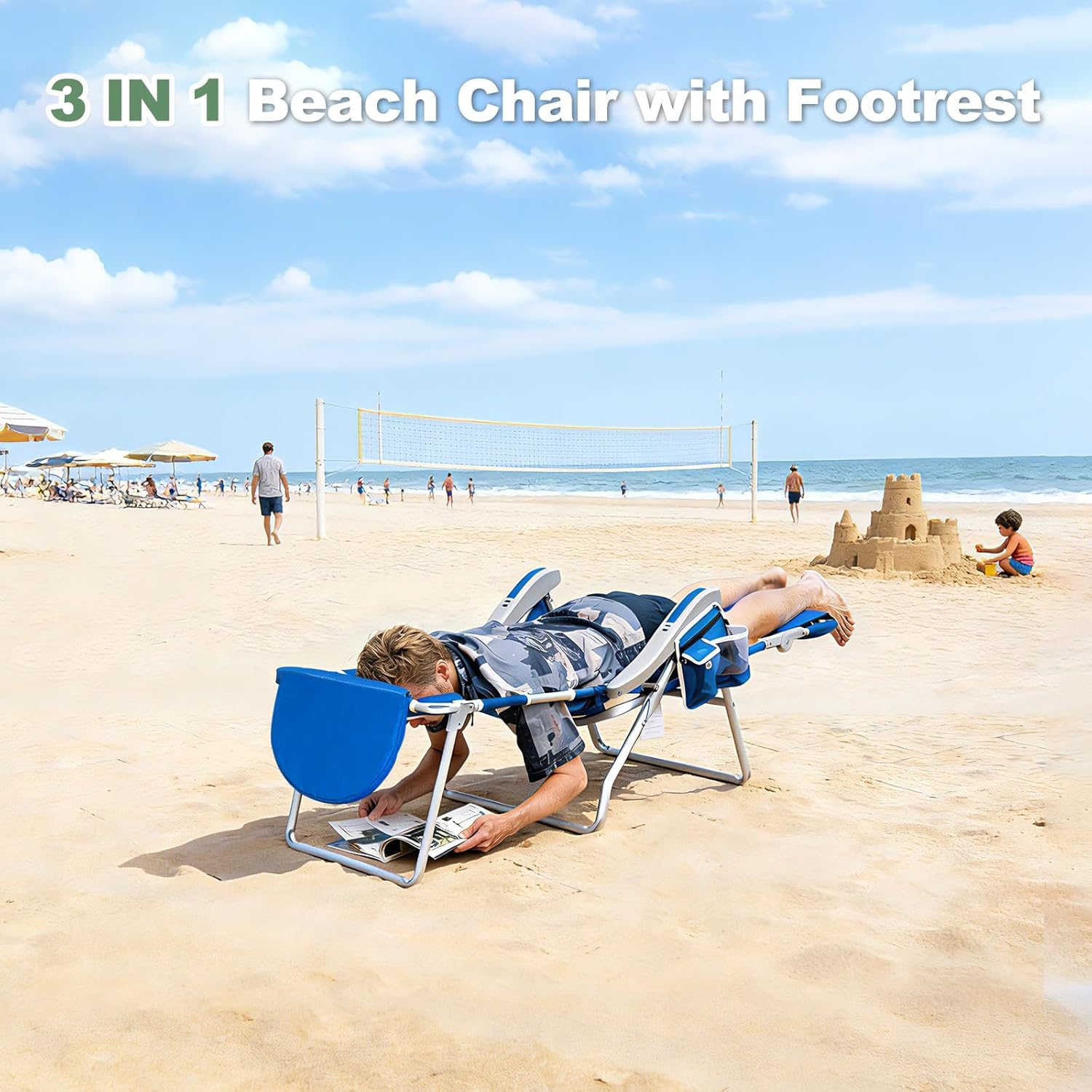 Romswi 3 in 1 Beach Chair with Face Hole, Reclining Sun Tanning Lounge Chair with Foot Rest, Cooler Bag & Cup Holder for Outdoor,Royal Blue