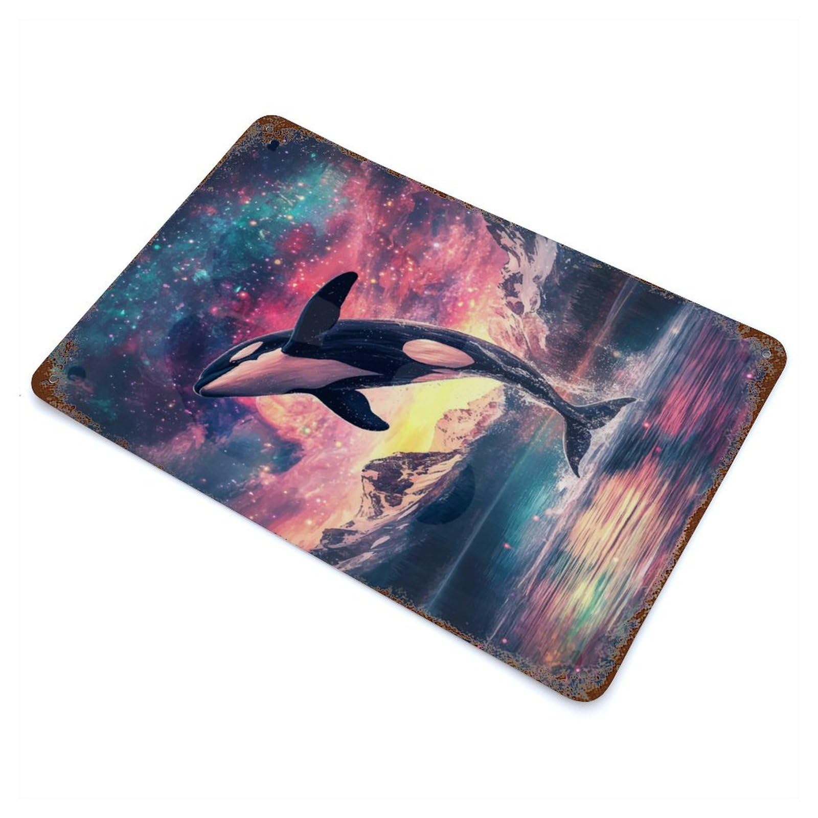 Rust Effect Orca Leaping Into The Stars Retro Metal Sign 11.8"x7.9", Classic Wall Plaque for Cafe, Home Bar And Lounge Decor