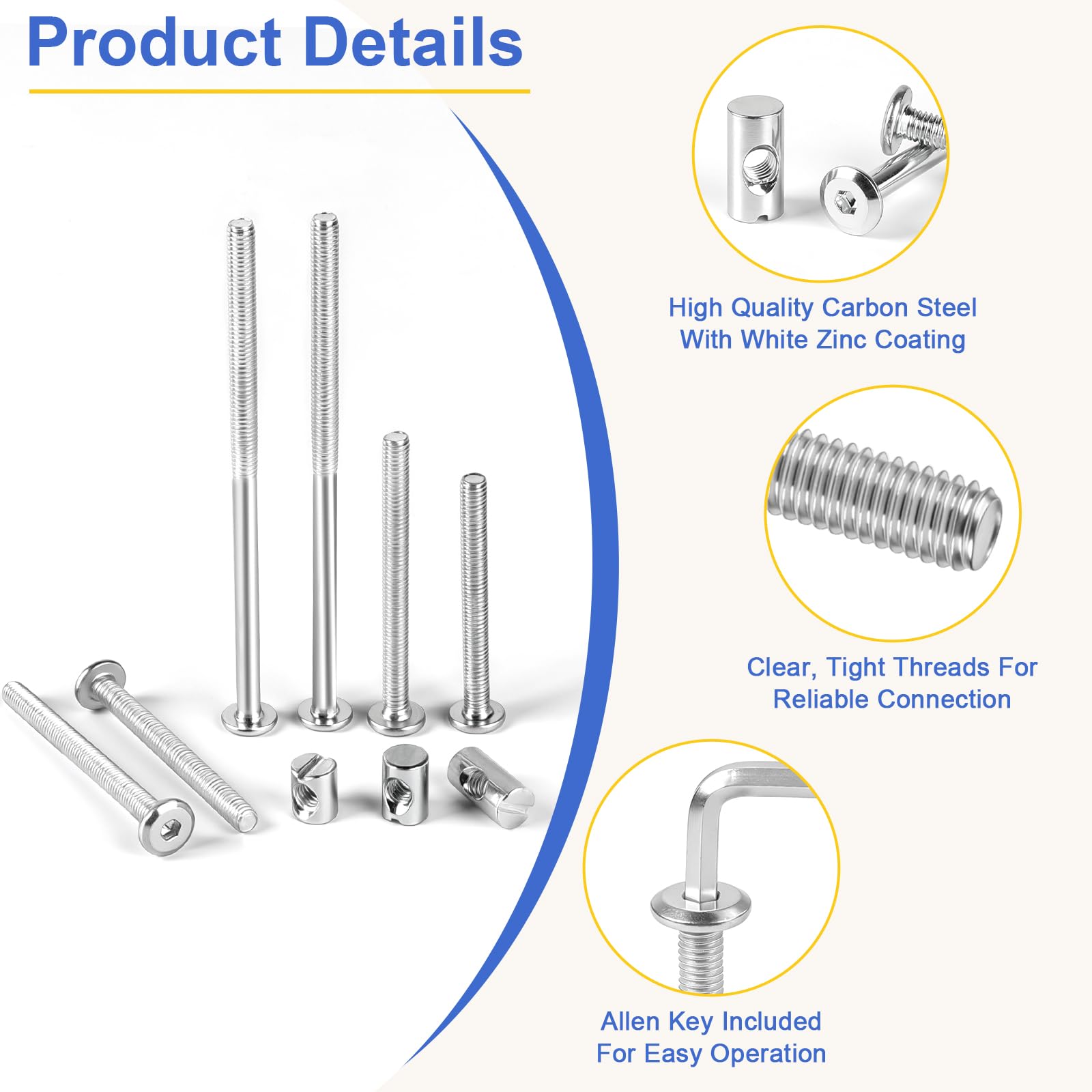 Kit de 60 tornillos para muebles con tuercas cilíndricas (Set B) incluye tuercas simétricas transversales M6x13/15/20mm y tornillos M6x60/70/120mm (10 cada) Tornillos casquillo para bricolaje