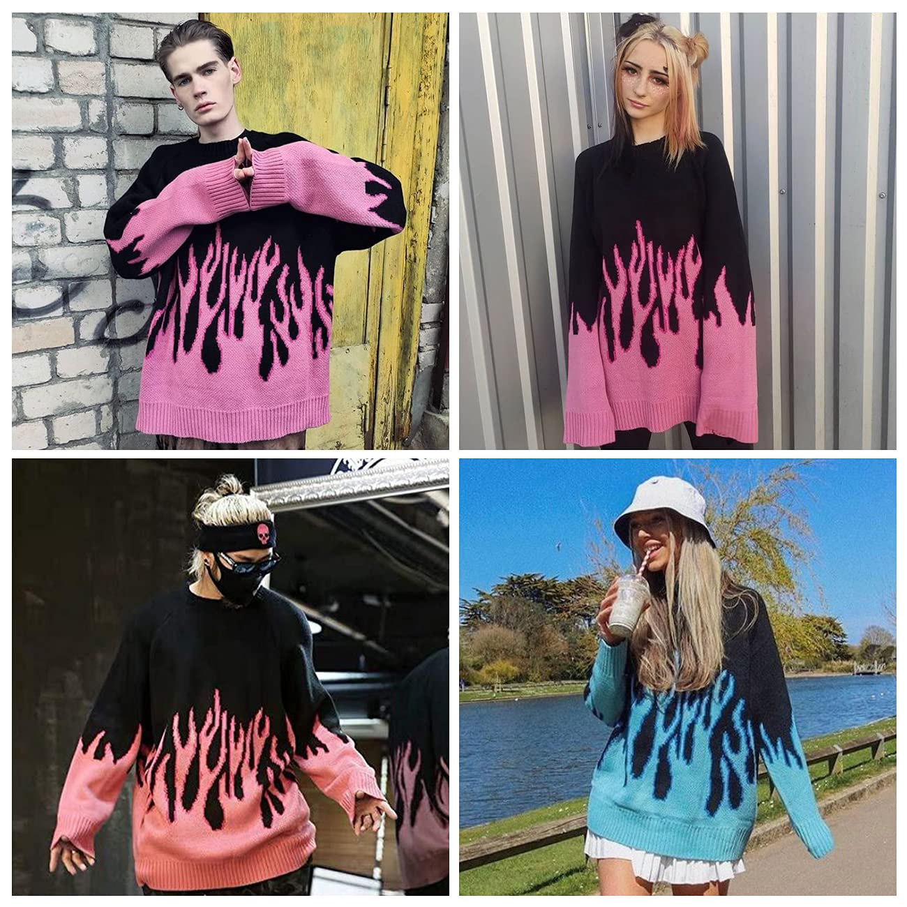 Vamtac Womens Crewneck Oversized Sweaters Y2K Aesthetic Flame Graphic Knitted Sweater Casual Pullover Long Sleeve Jumper