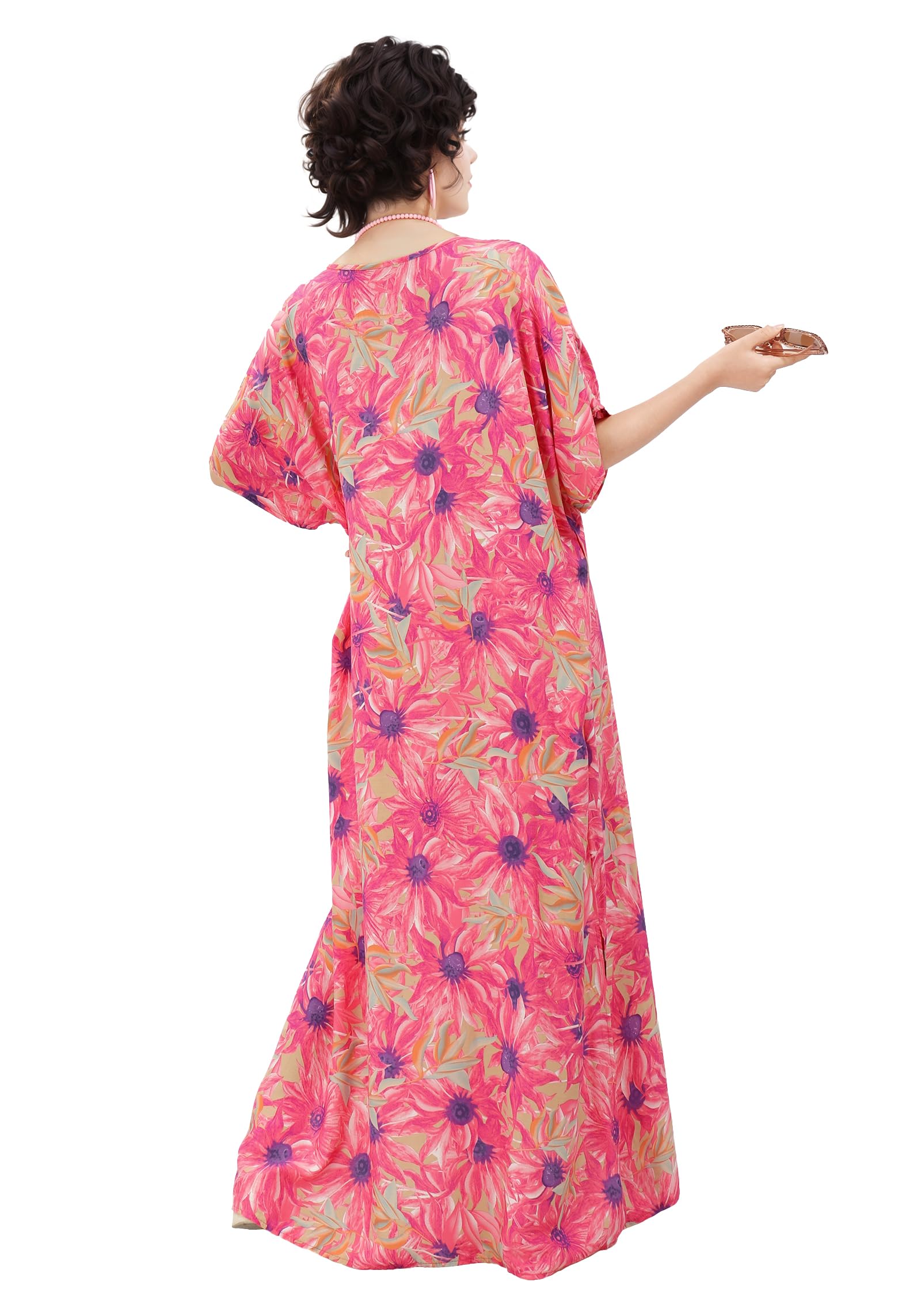 PROCOS Vestidos caftán para mujer, vestido maxi de playa con estampado floral con collar, aretes, lentes, disfraz de Halloween