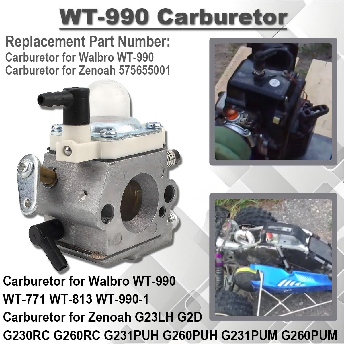 Kit carburateur WT-990 pour Walbro WT-771 WT-813 WT-990-1 pour Zenoah G23LH G230RC G260RC G231PUH G260PUH G260PU pour Baja 5B 5T 5SC et la plupart des voitures RC à l'échelle 1/5 575655001