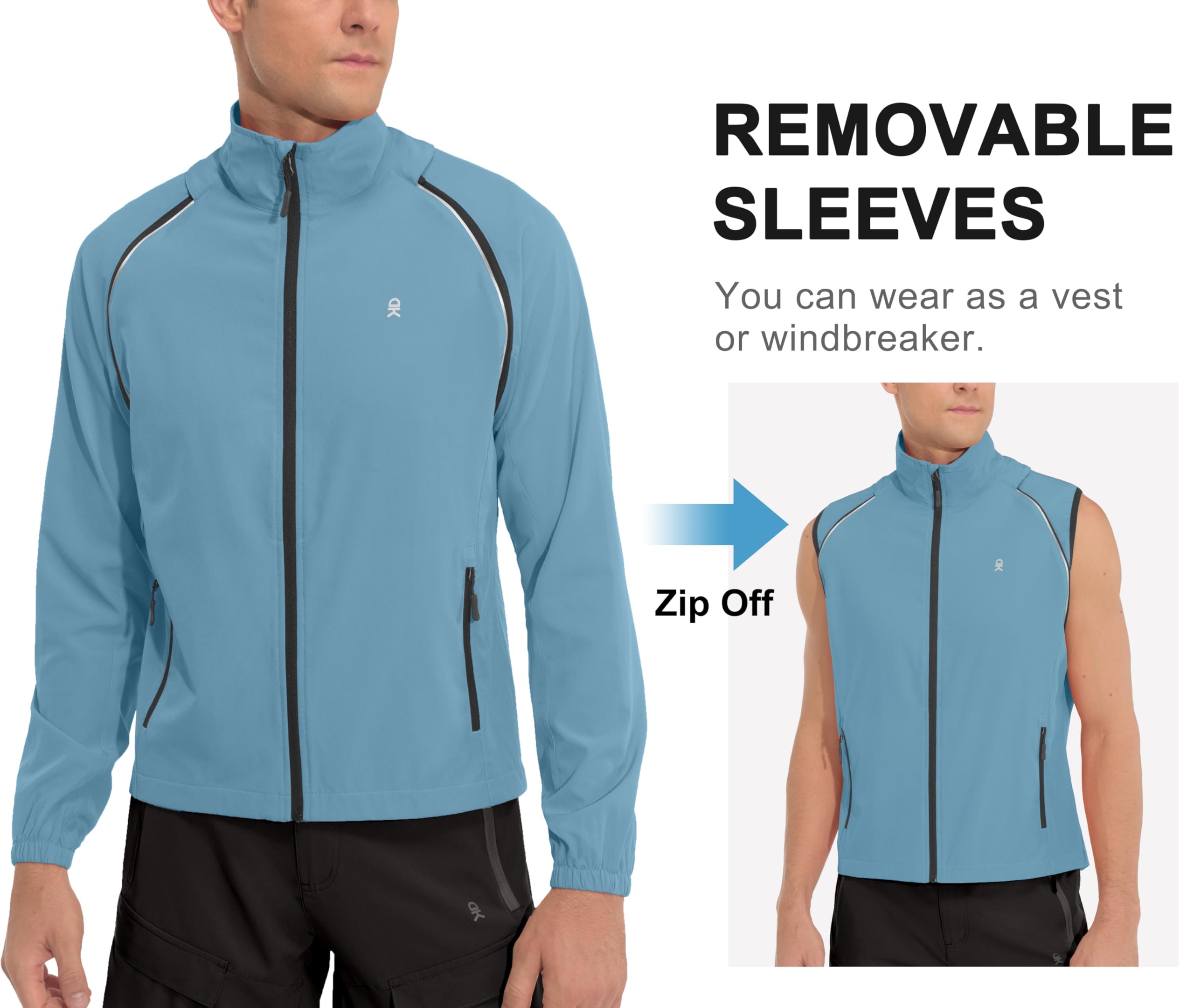 Little Donkey Andy Men's Quick-dry Running Jacket, Convertible UPF 50+ Cycling Jacket Windbreaker with Removable Sleeves, Blue Gray L