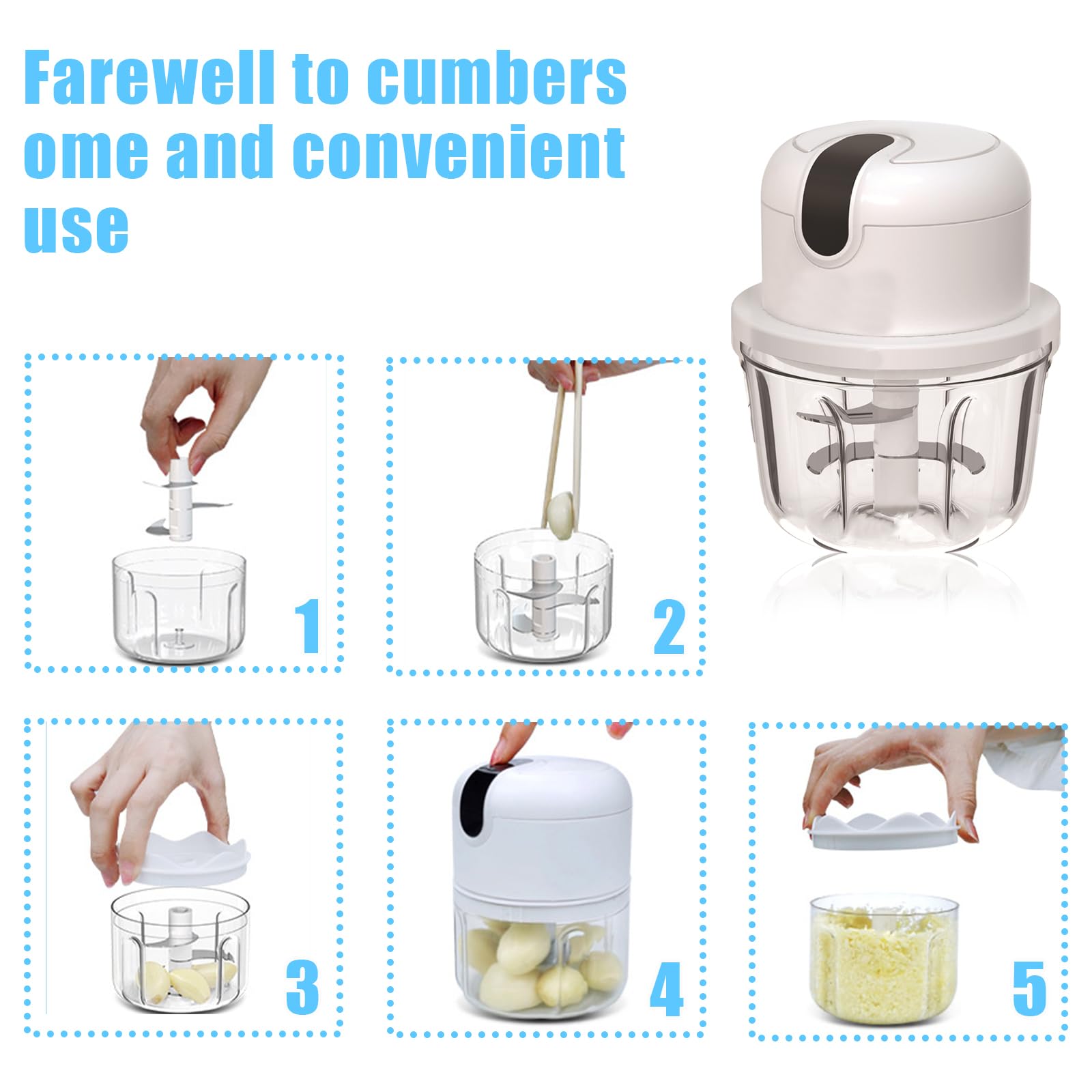 Picadora eléctrica con puerto USB, mini robot de cocina, 100 ml, 250 ml, 300 ml, cortador de verduras eléctrico con 3 cuchillas afiladas, prensa de ajo multifunción para carne, verduras, frutas