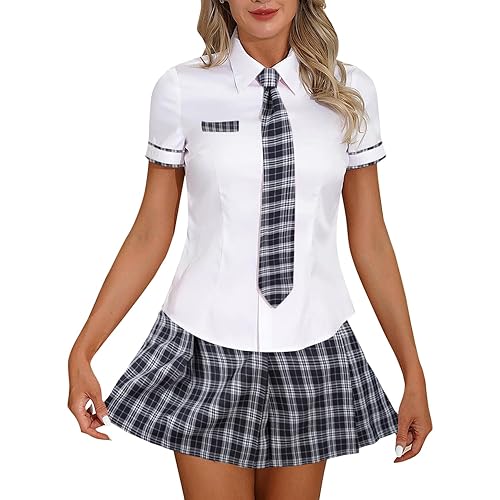Women Schoolgirl Lingerie Roleplay Set Sexy Student Costumes Mini Tartan Skirt Cosplay Costume Ladies Sets - White & Navy Blue - Medium