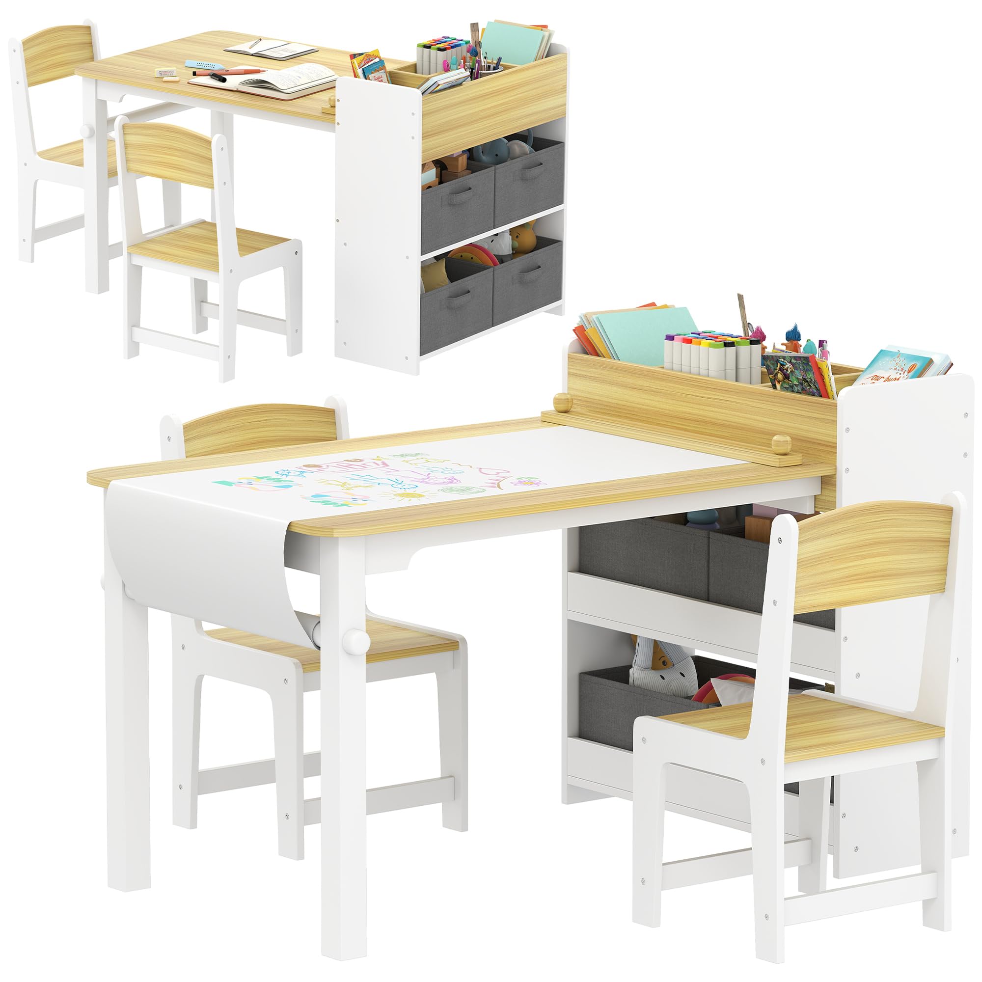 Qaba Kids Art Table & Easel Chair Set with Paper Roll, Toddler Desk and Chairs Set with Storage Shelves and Drawers, Activity Craft and Play Table for