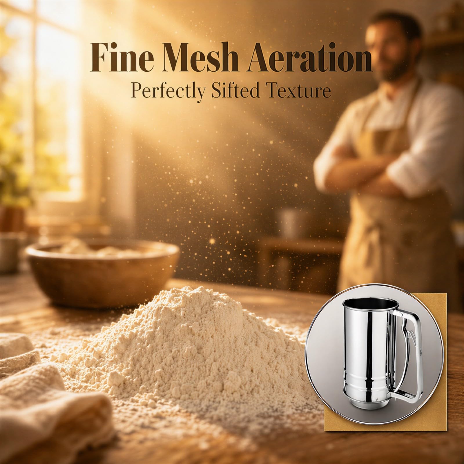 3er-Set Mehl- und Pulversiebe aus Edelstahl, 20-Mesh-Doppelsieb mit Druckhebel, Bechersieb, Puderzucker-Streuer und Langsieblöffel für Kuchen, Brot, Kakao, Gebäck und Desserts