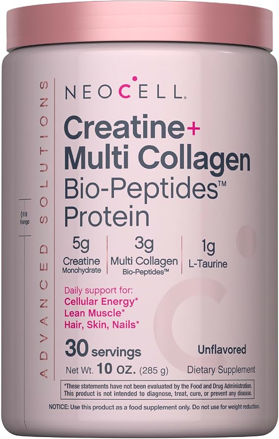 NeoCell Creatine Monohydrate Powder | 10 oz | with Multi Collagen Peptides | Hair, Skin & Nails Supplement | Unflavored | for Women and Men