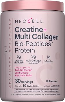 NeoCell Creatine Monohydrate Powder | 10 oz | with Multi Collagen Peptides | Hair, Skin & Nails Supplement | Unflavored | for Women and Men