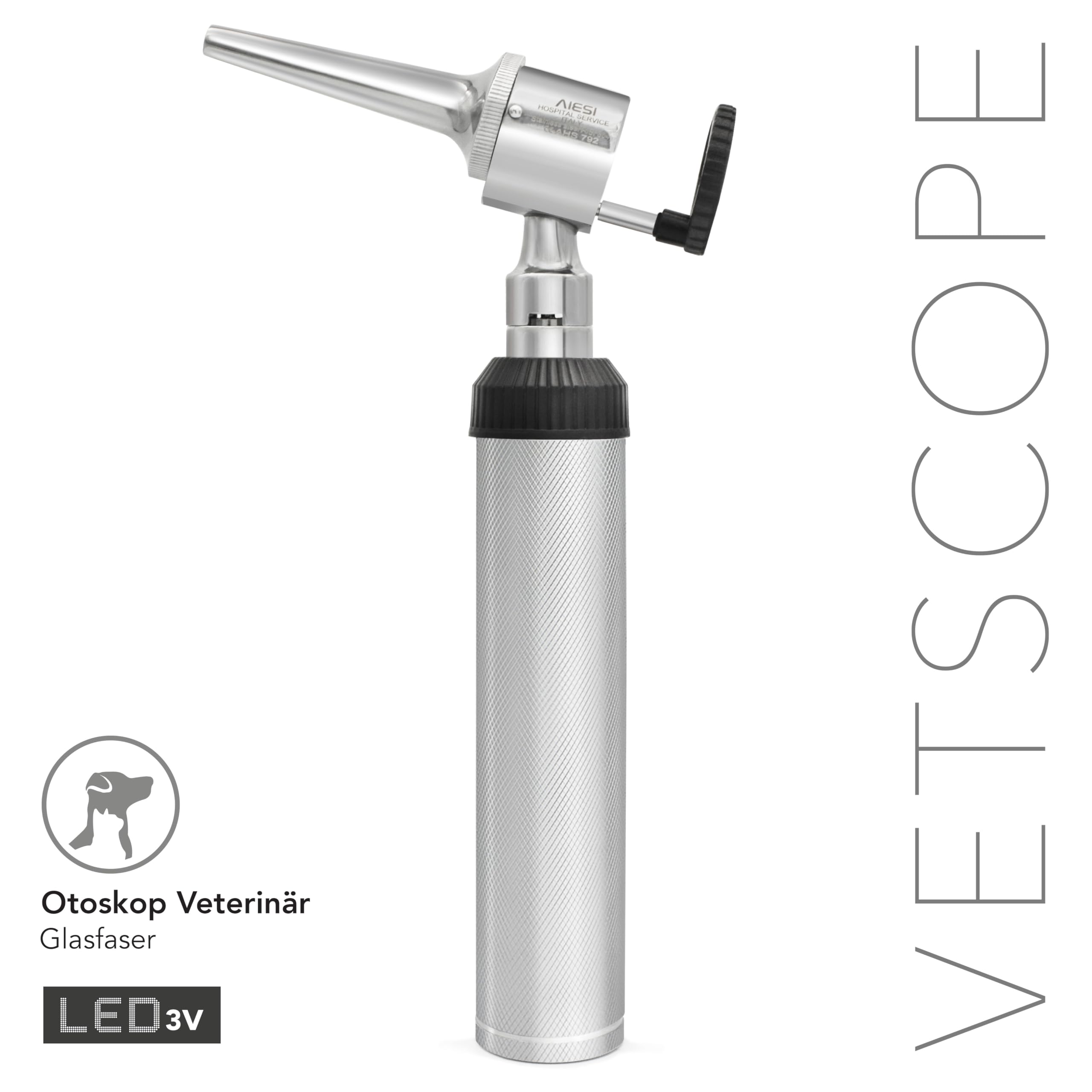 AIESI® Otoskop mit licht Veterinär professionell offenherzig weißlicht LED 3V beleuchtung mit 3 edelstahlkegeln VETSCOPE, Garantie 24 Monate