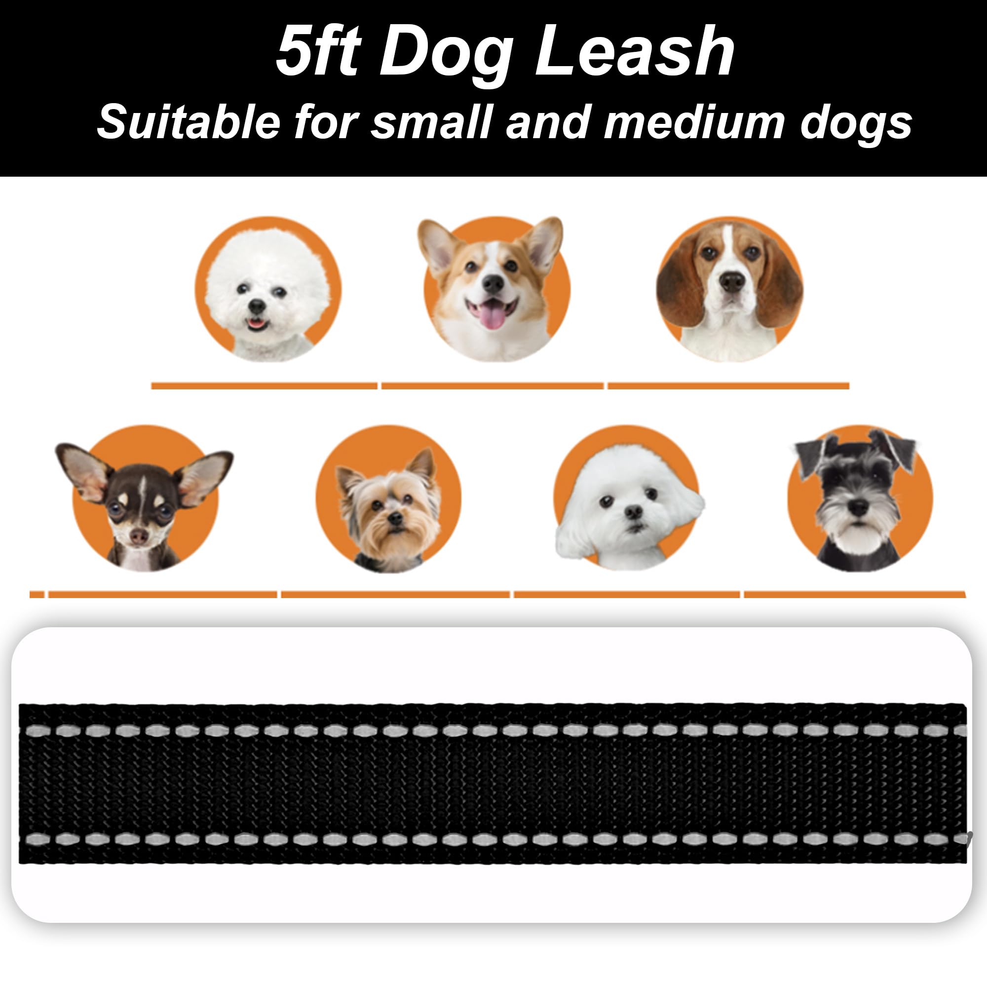 AIITLE Guinzaglio riflettente per cani piccoli/medi 5ft - Nero | nylon con impugnatura imbottita per passeggiate, addestramento e corsa, antistrappo per cuccioli e razze piccole/medie