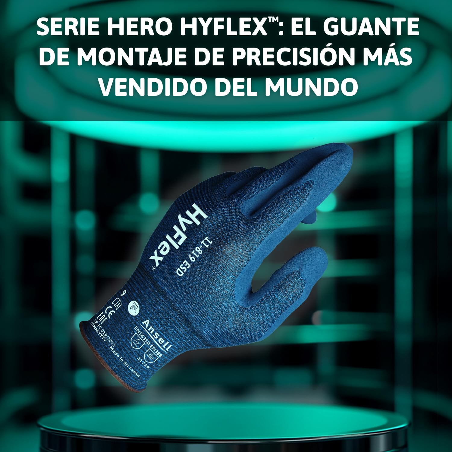 Ansell HyFlex 11-819 Guantes Trabajo Electricista, Diseno Ultraligero con Recubrimiento Nitrilo ESD Antiestatico, Guantes Seguridad Touchscreen, Guantes Hombre y Mujer, Azul, Talla L (12 Pares)
