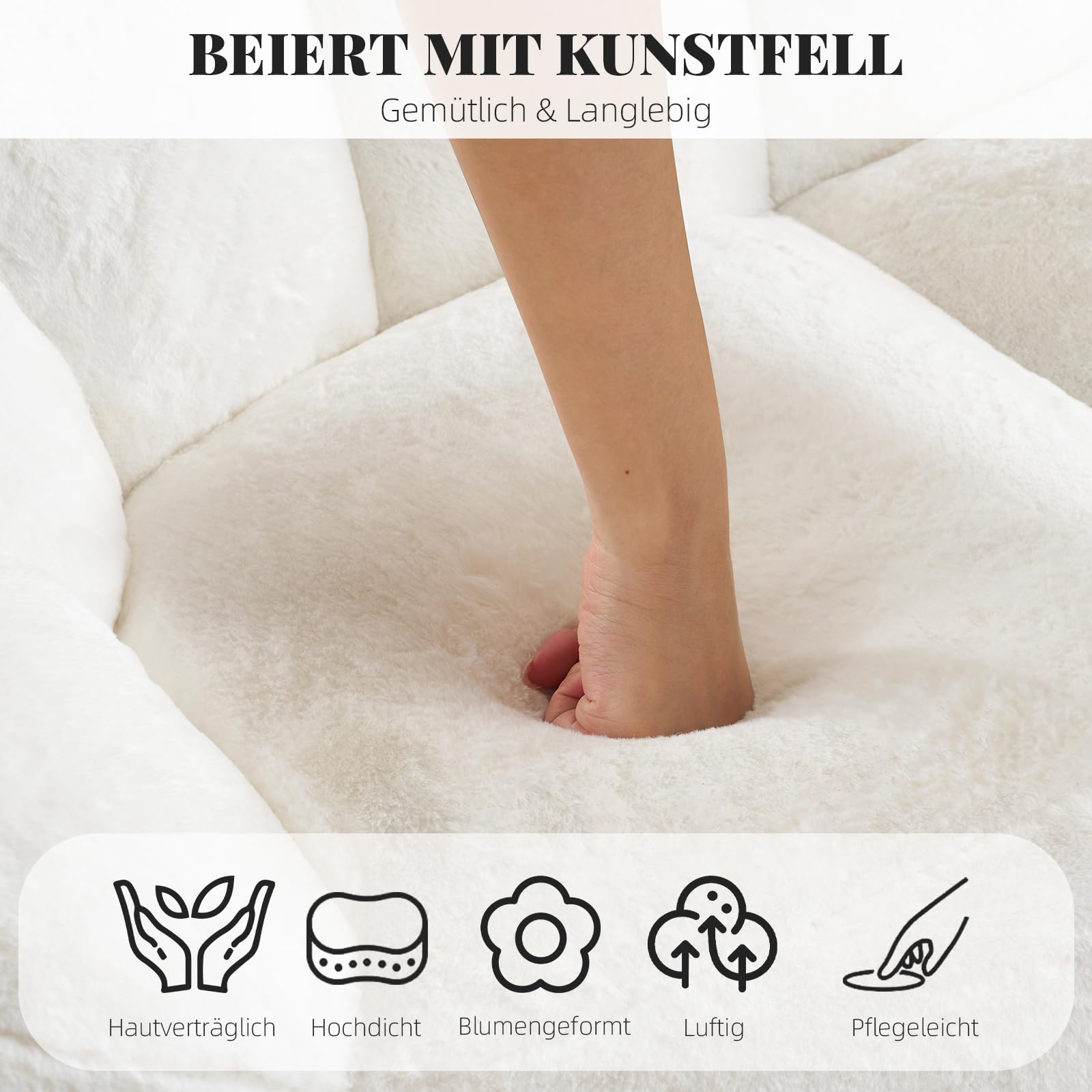 Sitzsack Erwachsene mit Füllung, Petalenförmiger Sitzsack, Großer Bean Bag aus Kunstfell, Bequemer Lounge Sessel, Hochdichter Schaumstoff, Schlafzimmer, Wohnzimmer, Milchweiß
