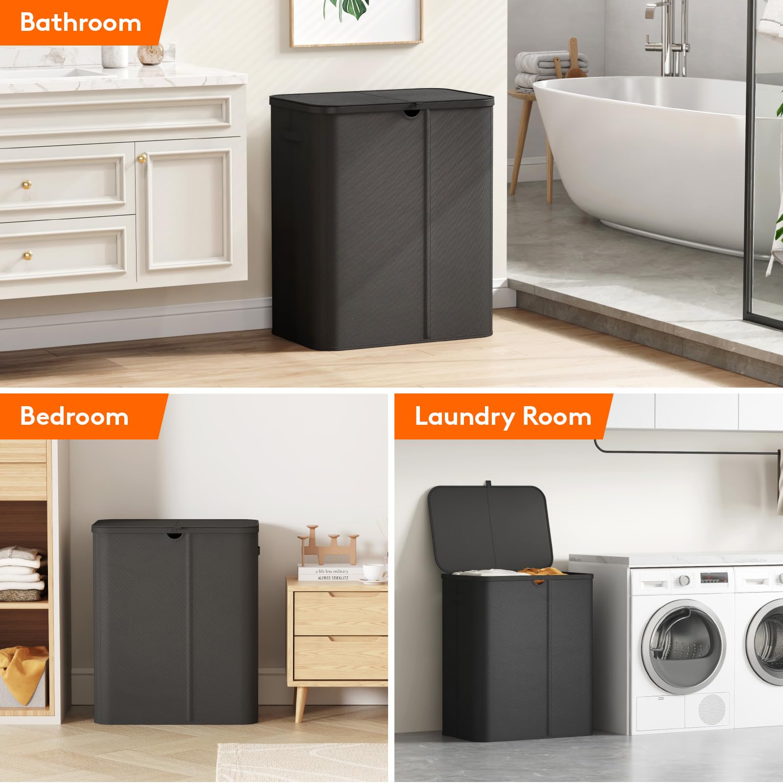 Lifewit Cesto Biancheria Sporca 2 Scomparti, Cesta Panni Sporchi con Sacchi Lavabili, Cesto Portabiancheria, Laundry Basket per Bagno, Camera da Letto e Lavanderia, 165 L, Nero