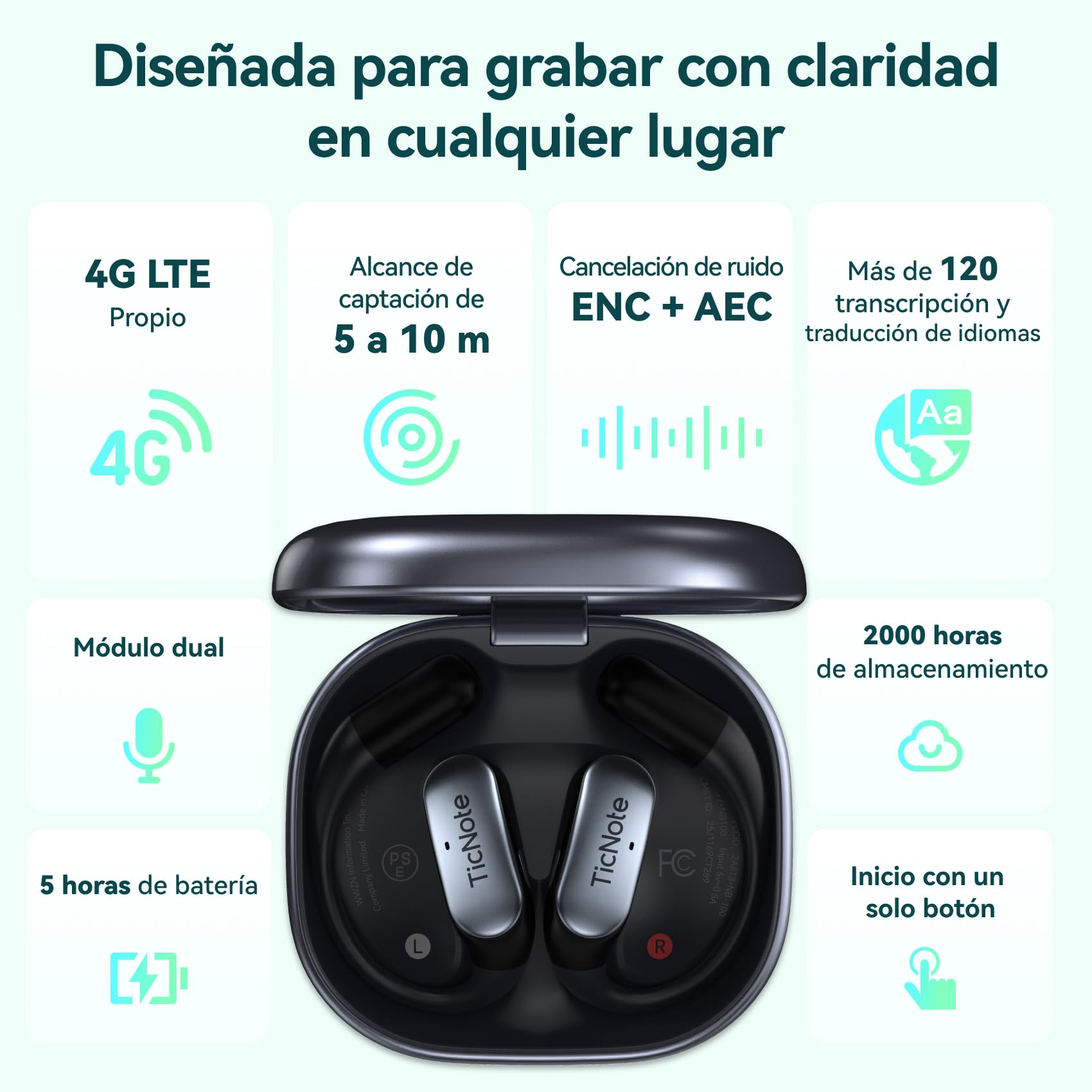 TicNote Pods Grabadora de Voz portátil, 4G Integrado, sin Necesidad de teléfono: Dispositivo de grabación Activado por Voz con transcripción automática y Notas de reuniones