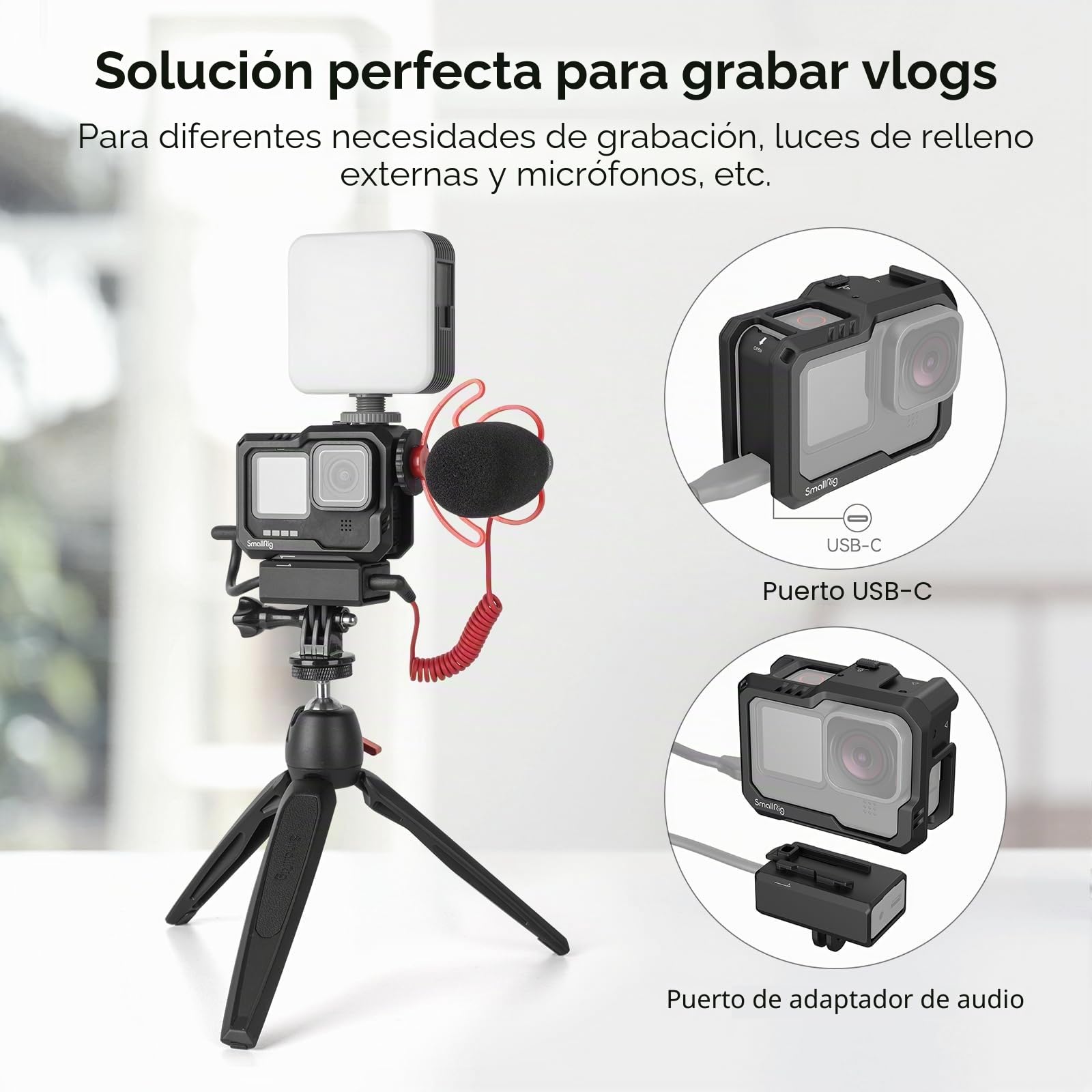 SMALLRIG Hero 13 / Hero 12 / Hero11 / Hero 10 / Hero 9 Jaula Negra para GoPro, con 2 Soportes de Cold Shoe para GoPro Light Mod y micrófono Común, luz de Video LED - 3083C