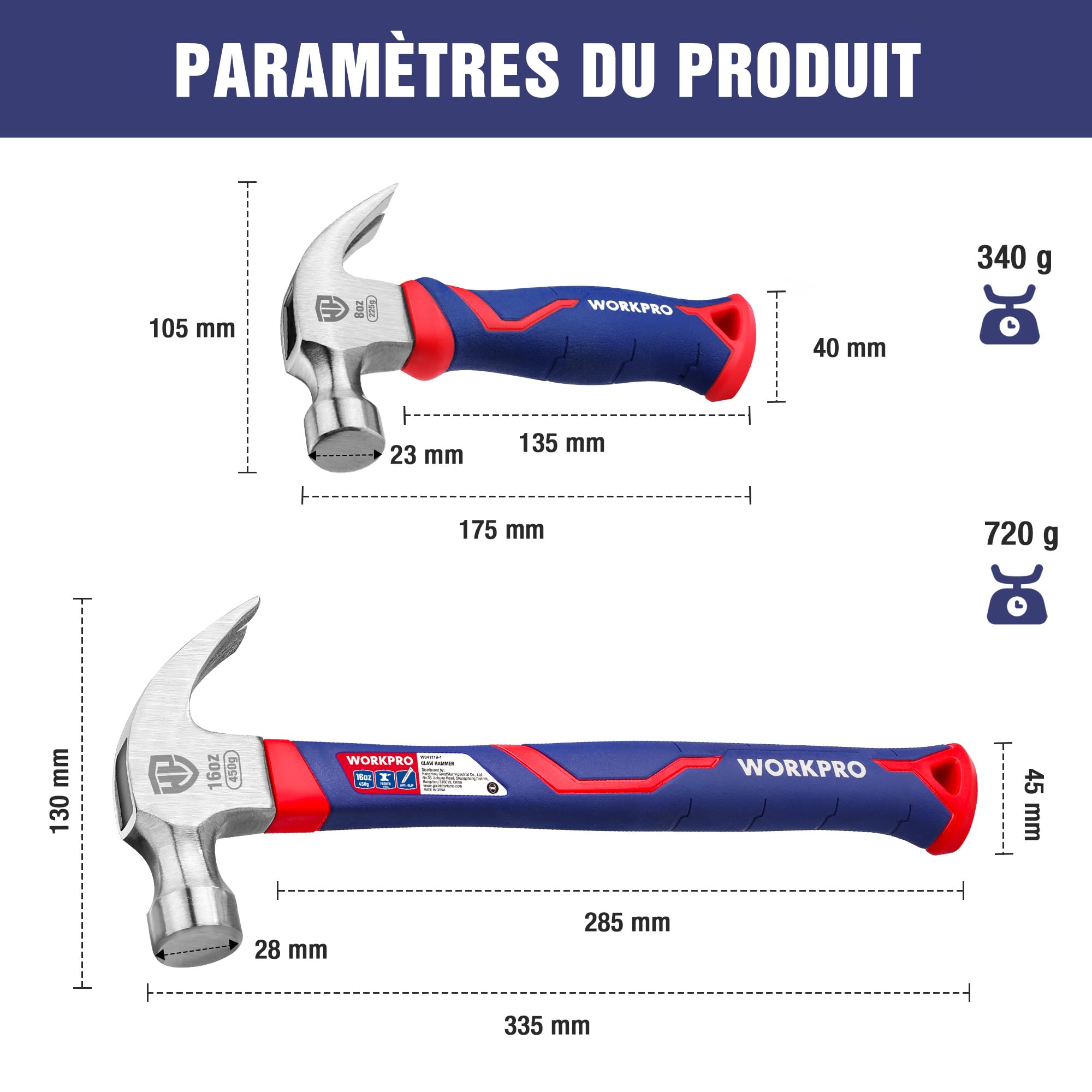 WORKPRO Lot de 2 Marteaux de Charpentier avec Arrache-Clou et Manche en Fibre de Verre, Marteau à Griffes pour Travaux du Bois, Rénovation et DIY