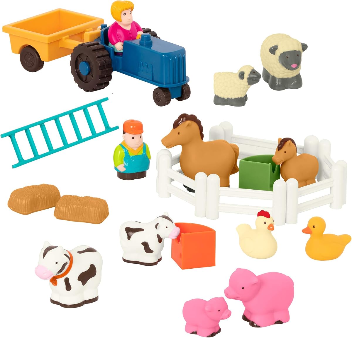 Little Farmer's Playset Farm Animal Play Set, 25 Pieces, Toddler | 25-piece toddler farm playset with 10 animals, tractor, trailer, 2 farmers, 6 fences, hay stacks, troughs, 18+ Months
