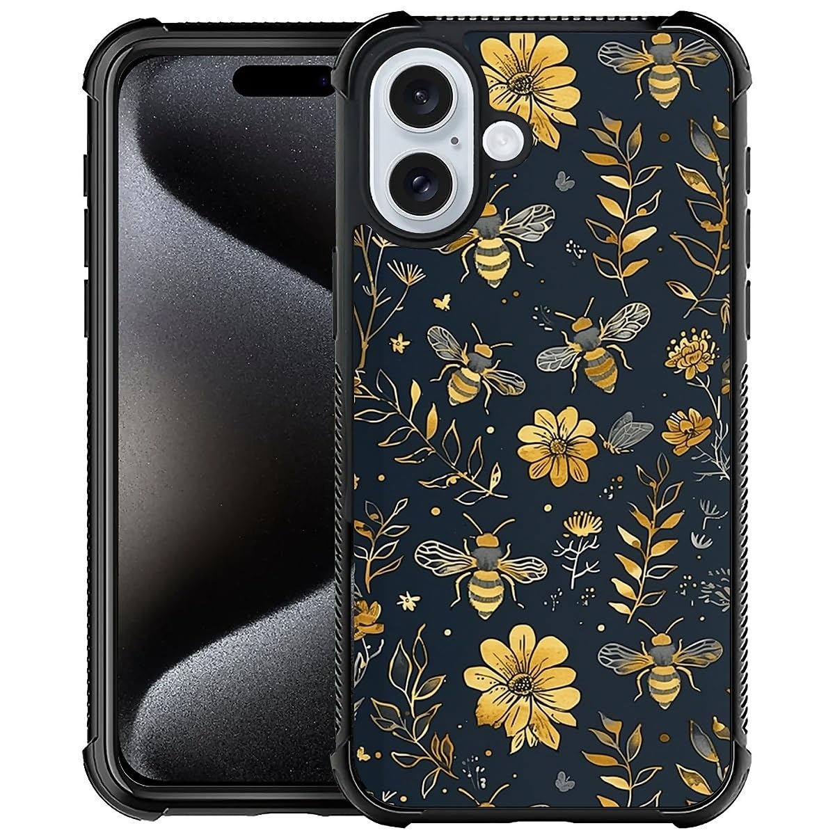 Goodsprout Compatible with iPhone 16 Plus Case,Vintage Yellow Bee Floral Amazing Pattern Design Shockproof Anti-Scratch Hard PC Back Case for iPhone