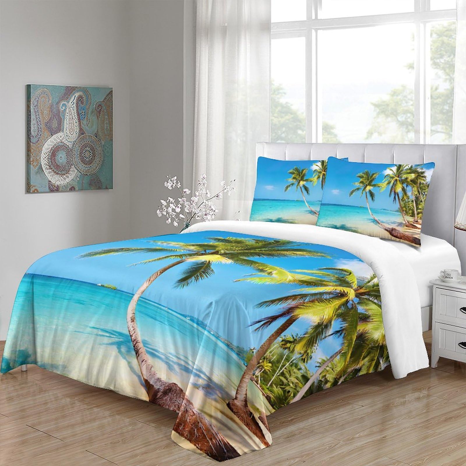 Scena di spiaggia tropicale copripiumino 3 Pezzi microfibra stampa di 3D con federa con federe Fuga di lusso sull'isola Set Di Copripiumino for coppie e adulti King（220x240cm）
