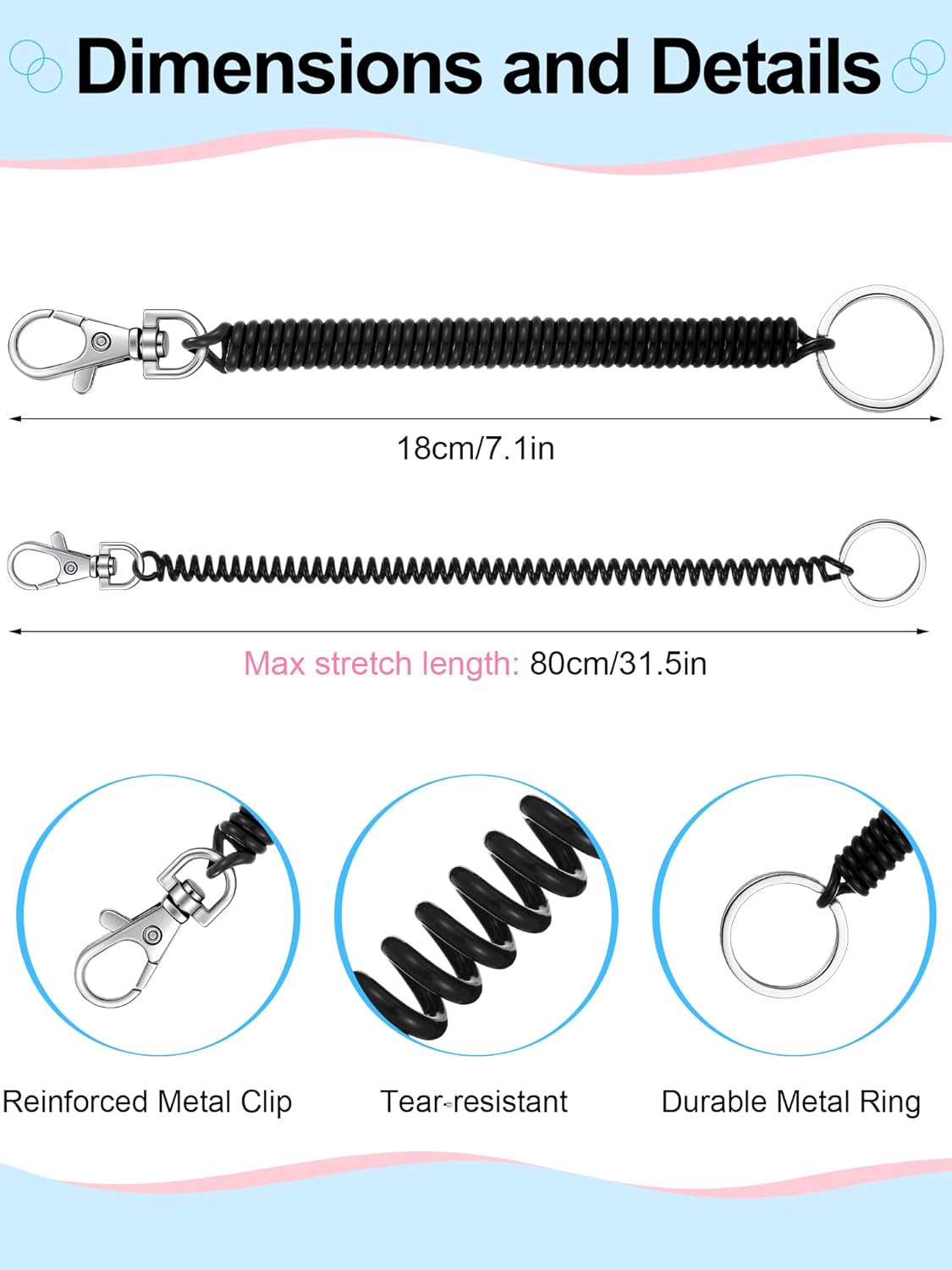 50 Pcs Retractable Spring Coil Keychain Bulk Coil Lanyard Keychains Spiral Wrist Coiled Key Chain for Purse Keys Wallet - Image 3