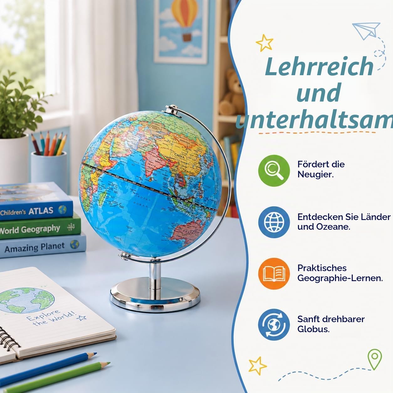 Schülerglobus 14cm - Englische Karte - Mini Globus Mit einem Metallfuß - Pädagogisch/Geografisch/Dekoration - Lehrmaterial Globen Politische Karte